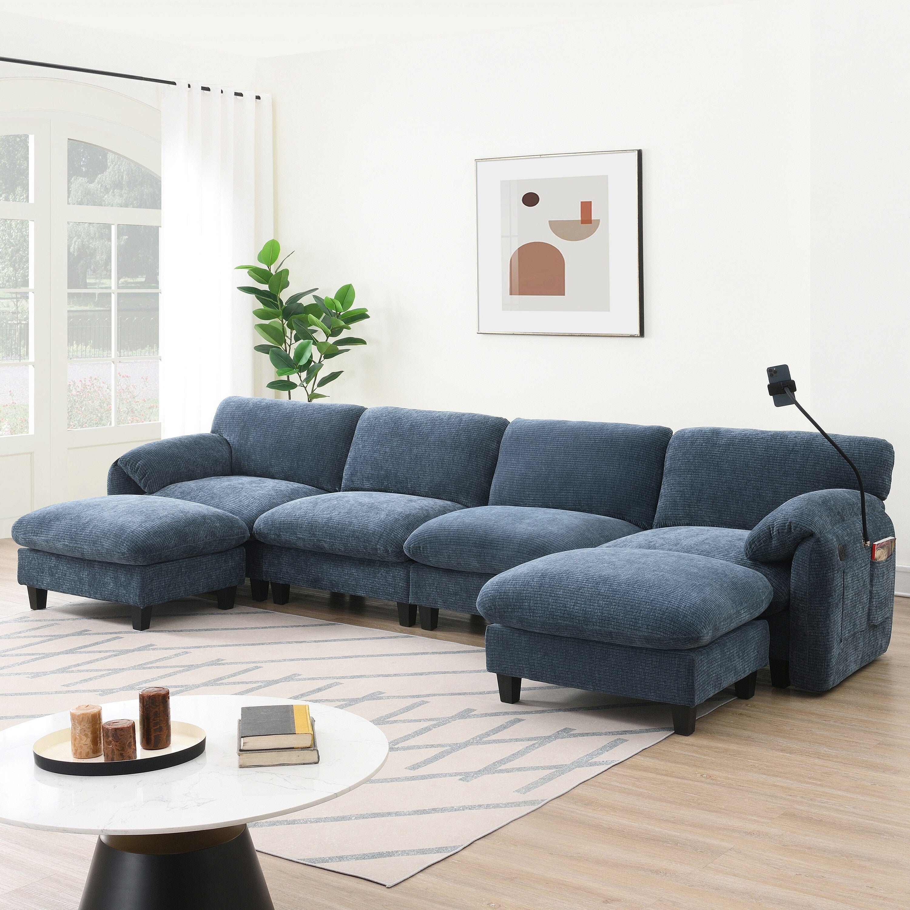 140-Inch Chenille Sectional Sofa with USB and Type-C Charging Ports, Phone Holders, Side Storage Pockets, Movement Ottomans