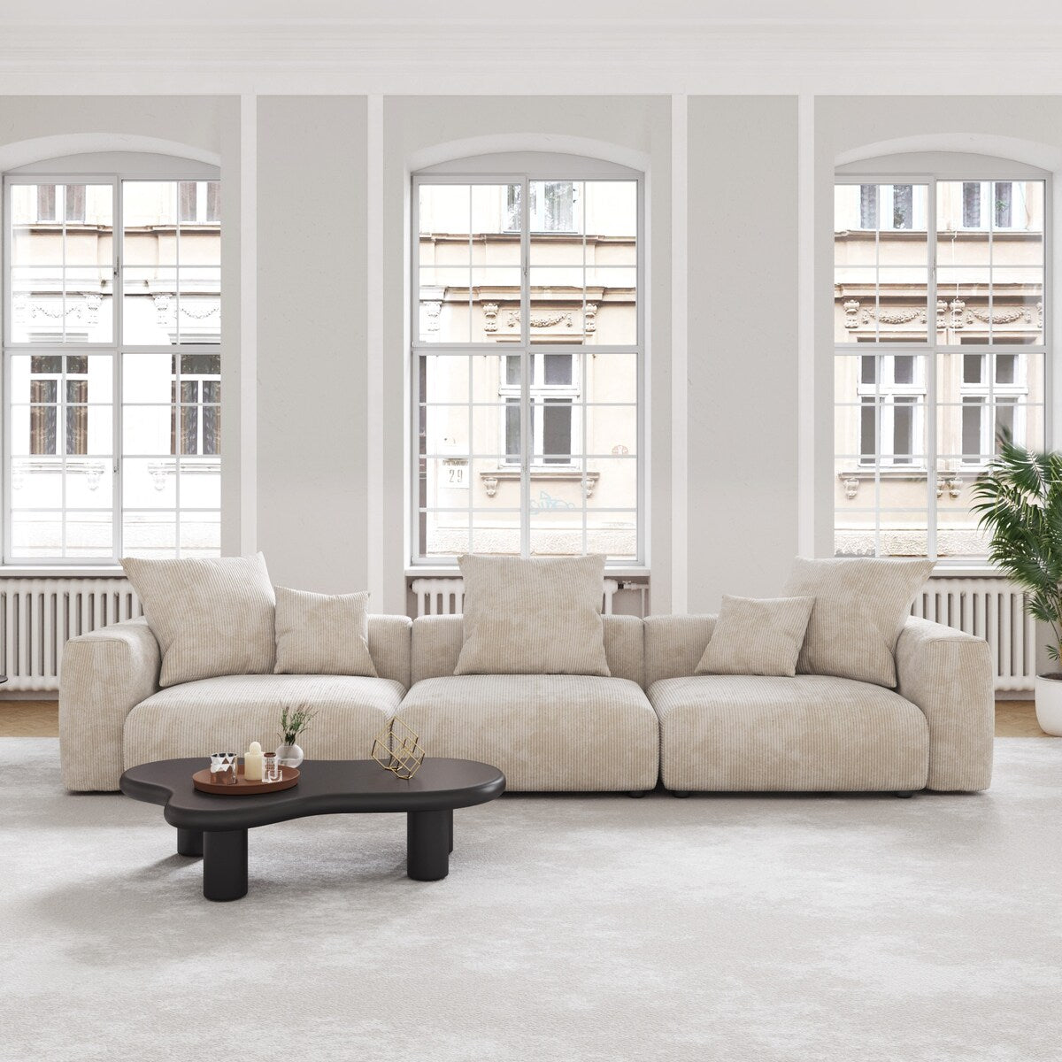 141.73 Corduroy Modular Sectional Sofa with Thick Cushion, Convertible Couch Deep Seat Couches for Living Room Sofa Sets
