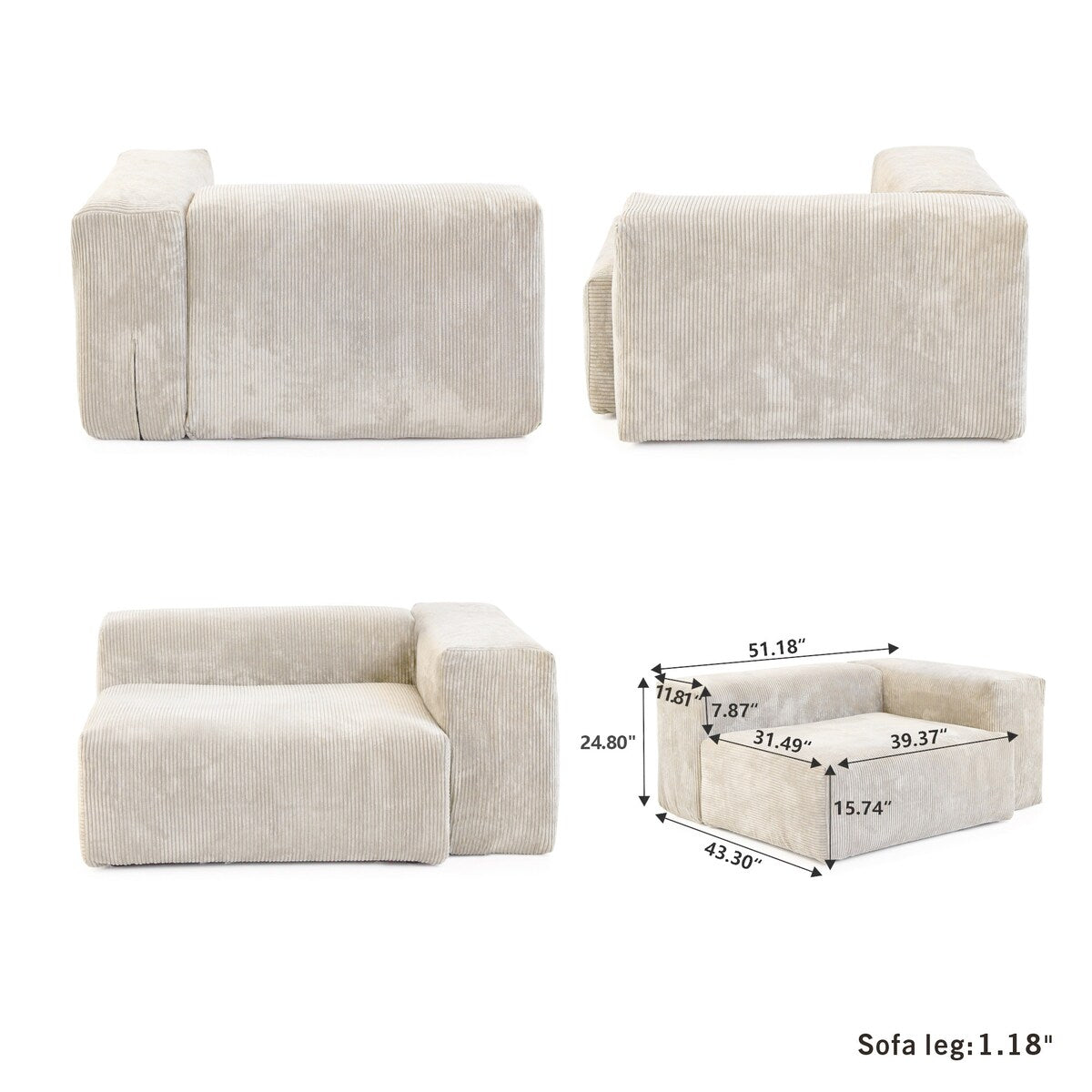 141.73 Corduroy Modular Sectional Sofa with Thick Cushion, Convertible Couch Deep Seat Couches for Living Room Sofa Sets