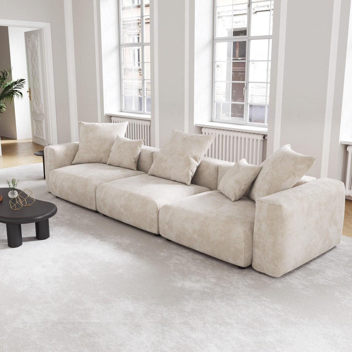 141.73 Corduroy Modular Sectional Sofa with Thick Cushion, Convertible Couch Deep Seat Couches for Living Room Sofa Sets
