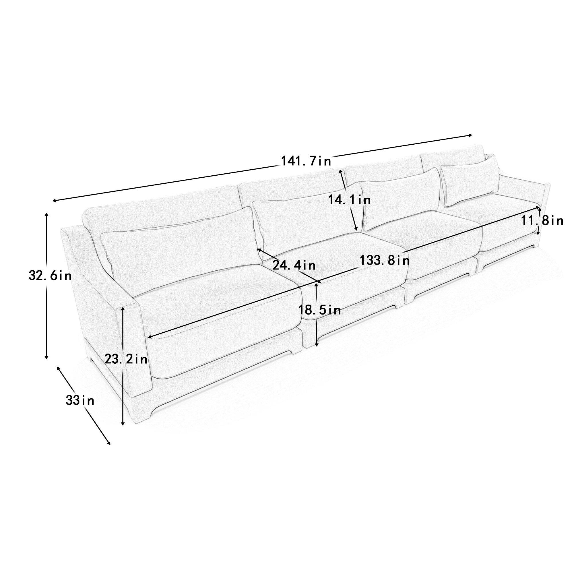 141.7 Chenille 6-Seater Sofa with ergonomic, wooden base,high - resilience sponge for Living Room