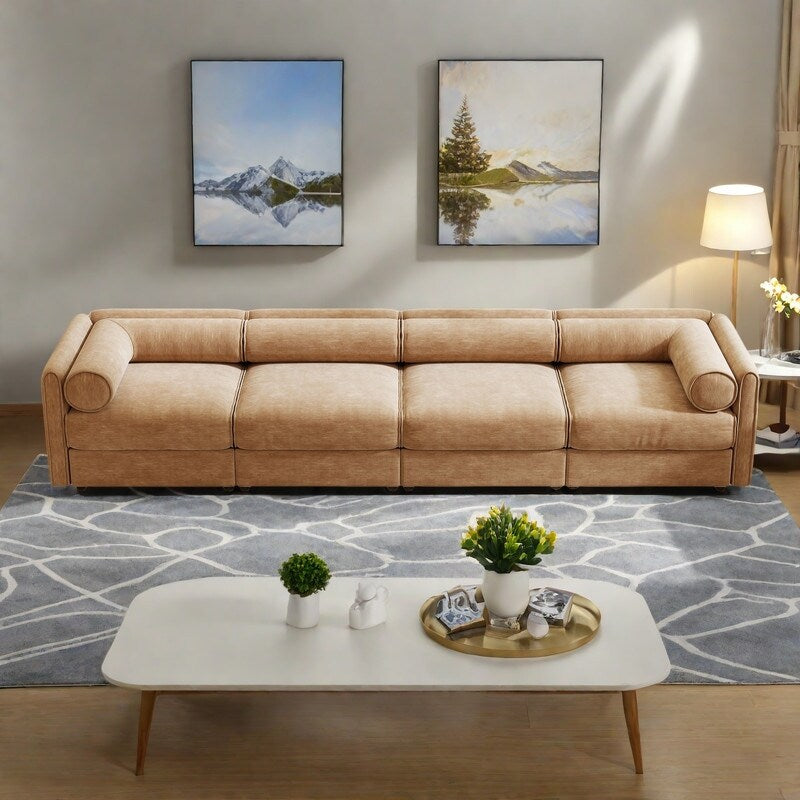 142.5 4-Seat Chenille Modular Sectional Sofa with Storage and Cylindrical Backrest