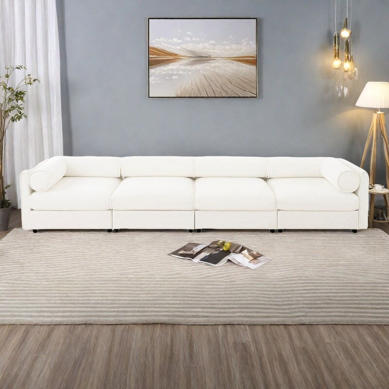 142.5 4-Seat Chenille Modular Sectional Sofa with Storage and Cylindrical Backrest