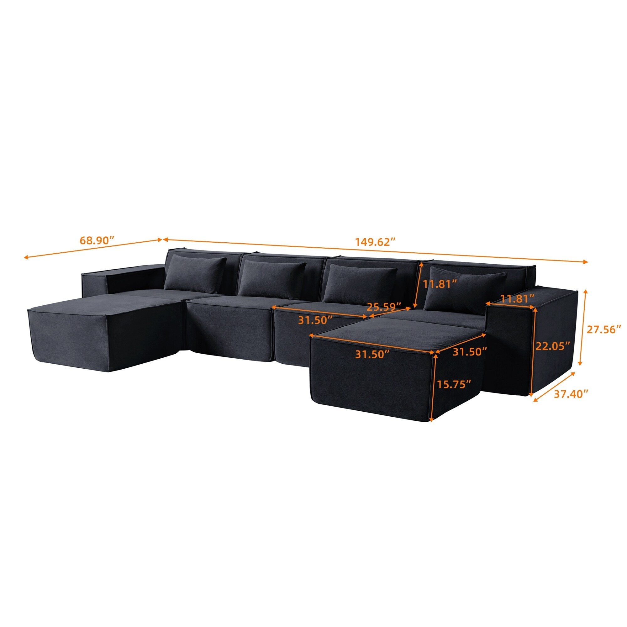 149 U Shaped Modular Sectional Sofa, 6-Seat Upholstered Sofa Couch, Free Combination