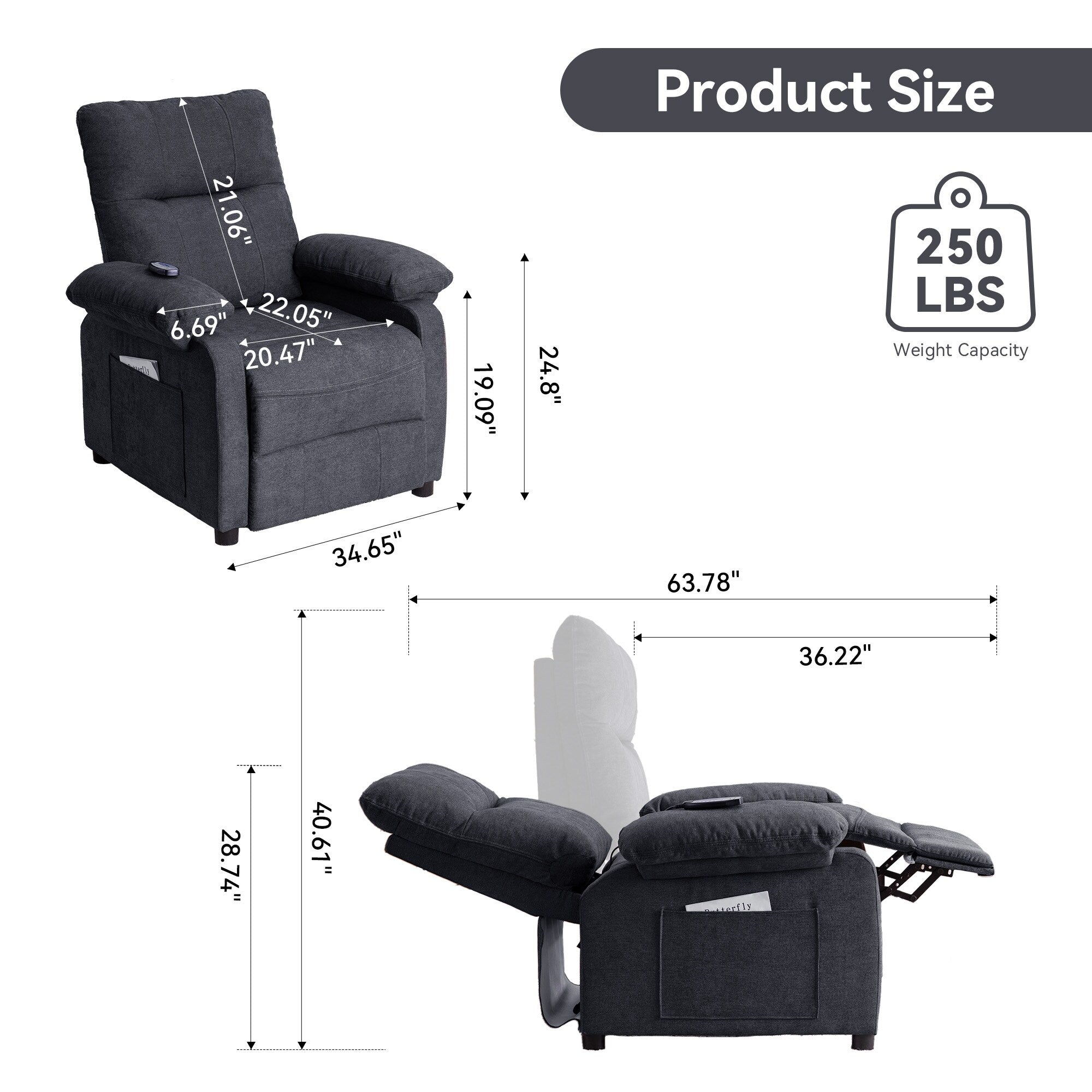 160° Recliner Chair for Elderly Seniors-Power Reclining Chair with 8-Point Massage  Heating, Soft Chenille Fabric