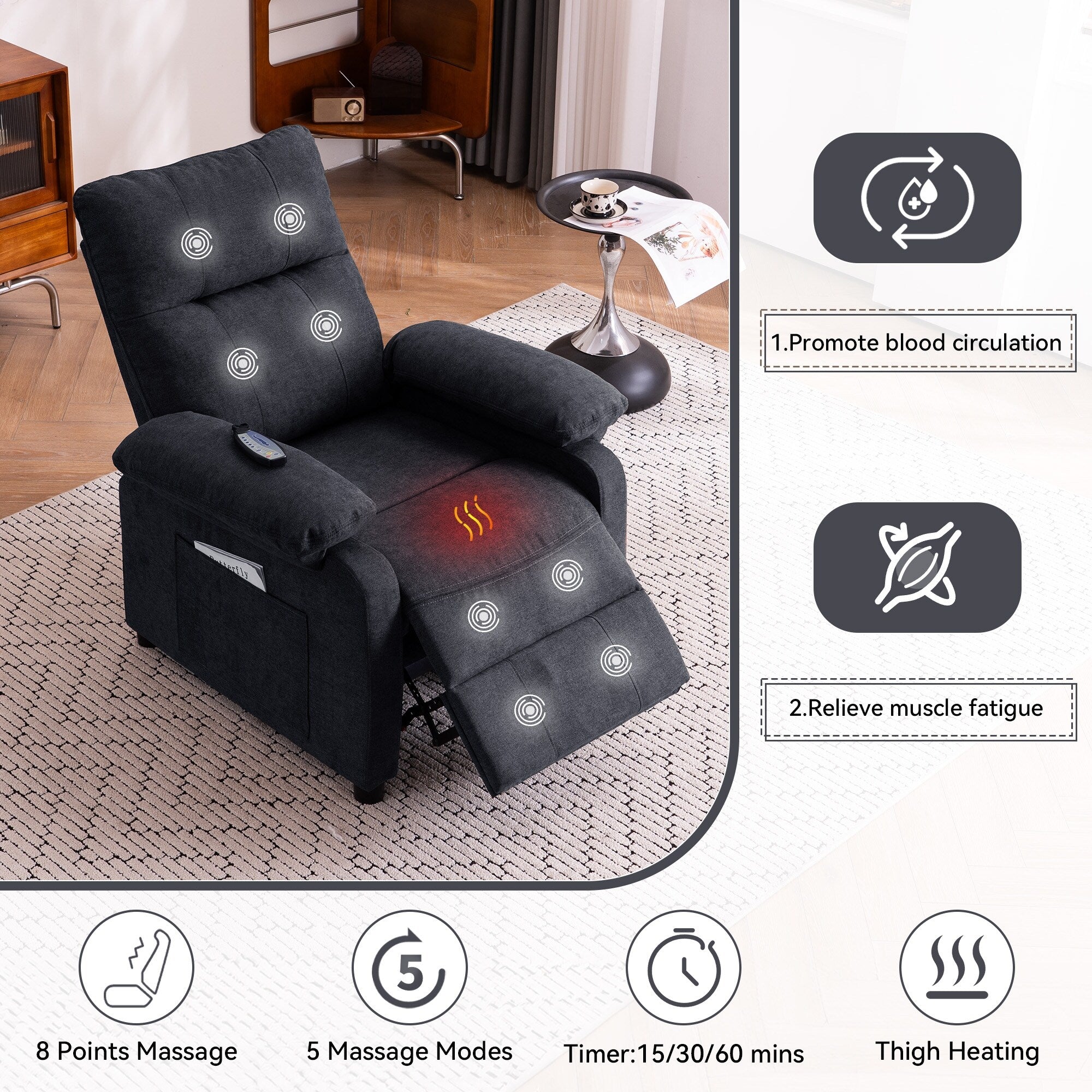 160° Recliner Chair for Elderly Seniors-Power Reclining Chair with 8-Point Massage  Heating, Soft Chenille Fabric