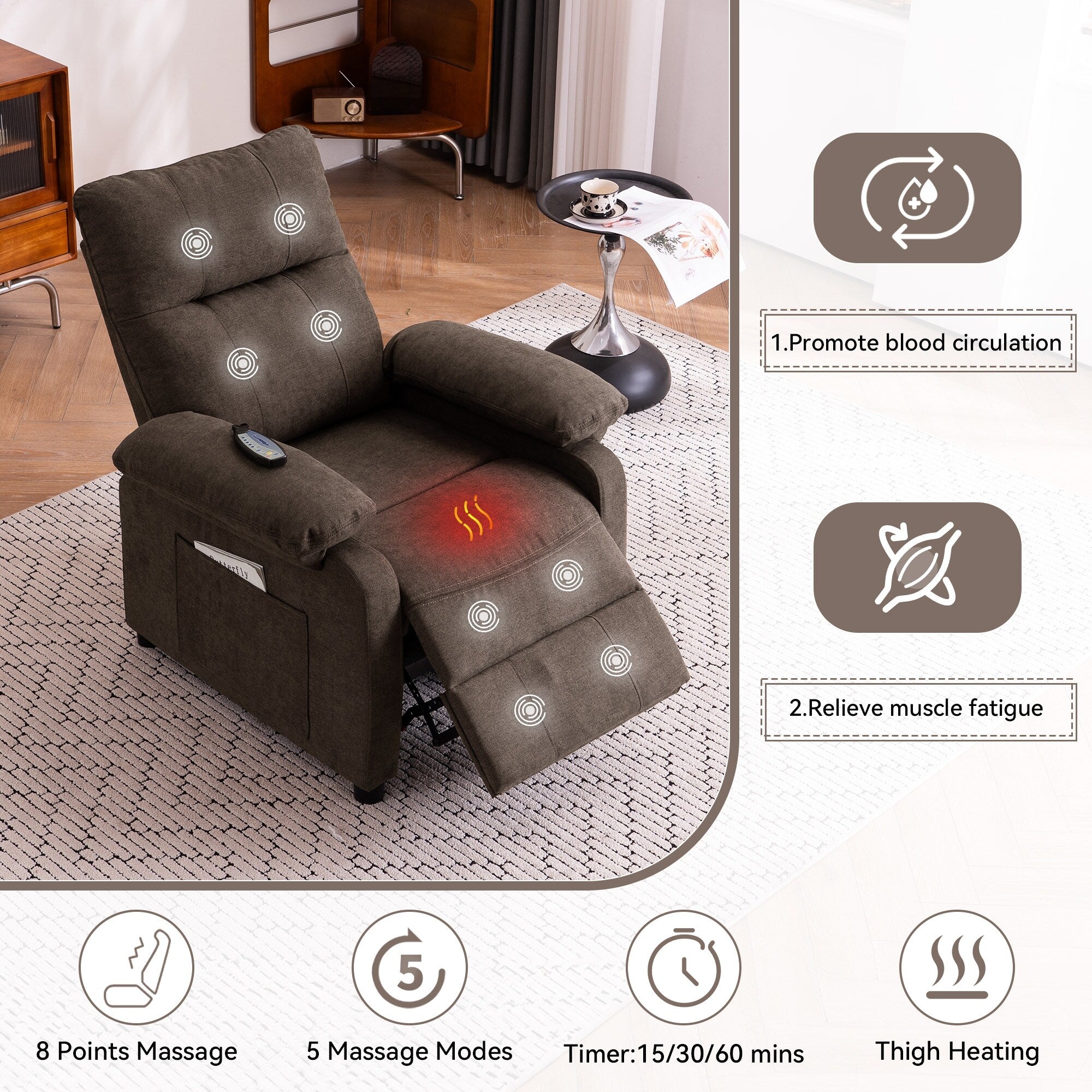 160° Recliner Chair for Elderly Seniors-Power Reclining Chair with 8-Point Massage  Heating, Soft Chenille Fabric