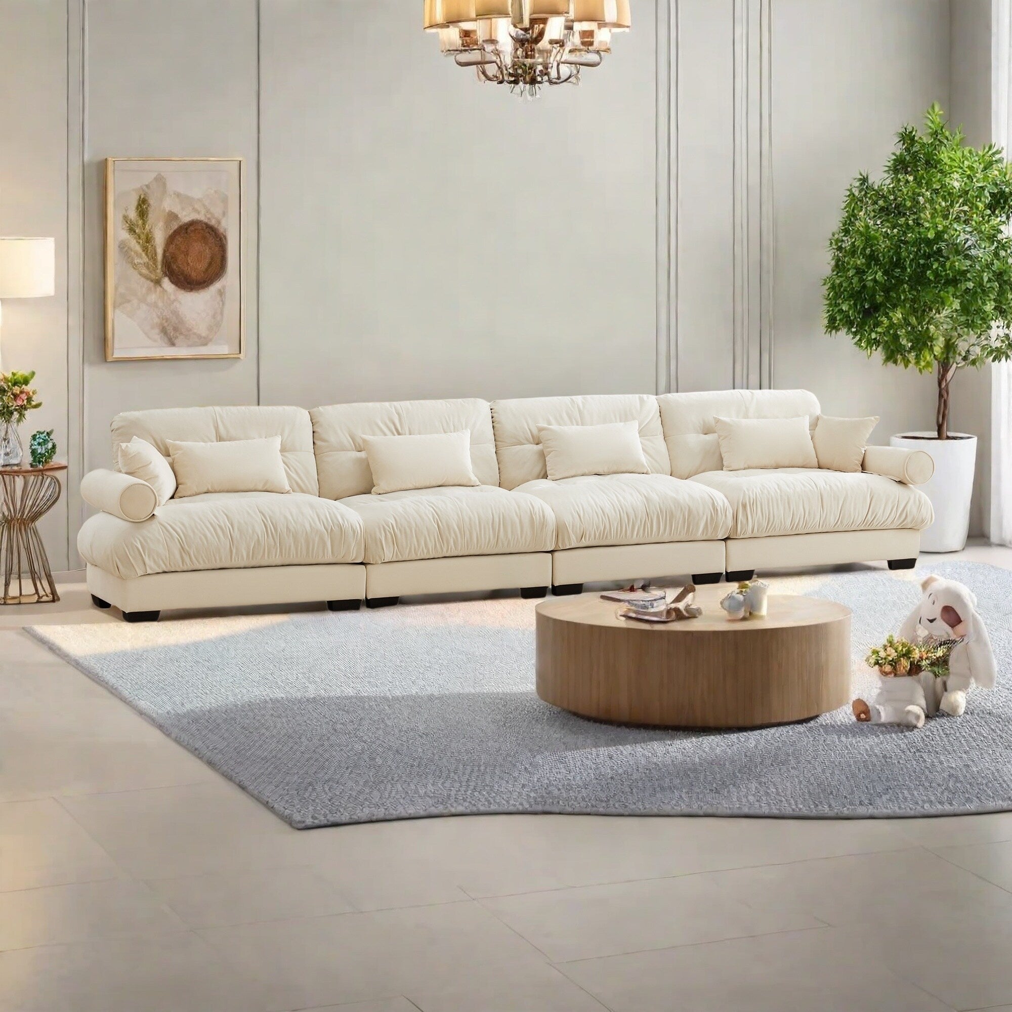 166Velvet 4-Seater Sofa with Bolster Armrests, High-Resilience Sponge Cushions