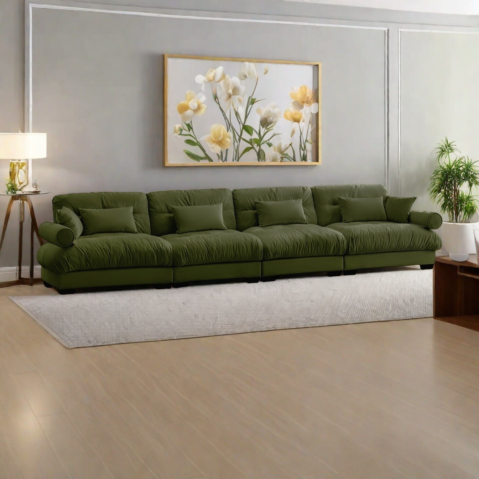 166Velvet 4-Seater Sofa with Bolster Armrests, High-Resilience Sponge Cushions