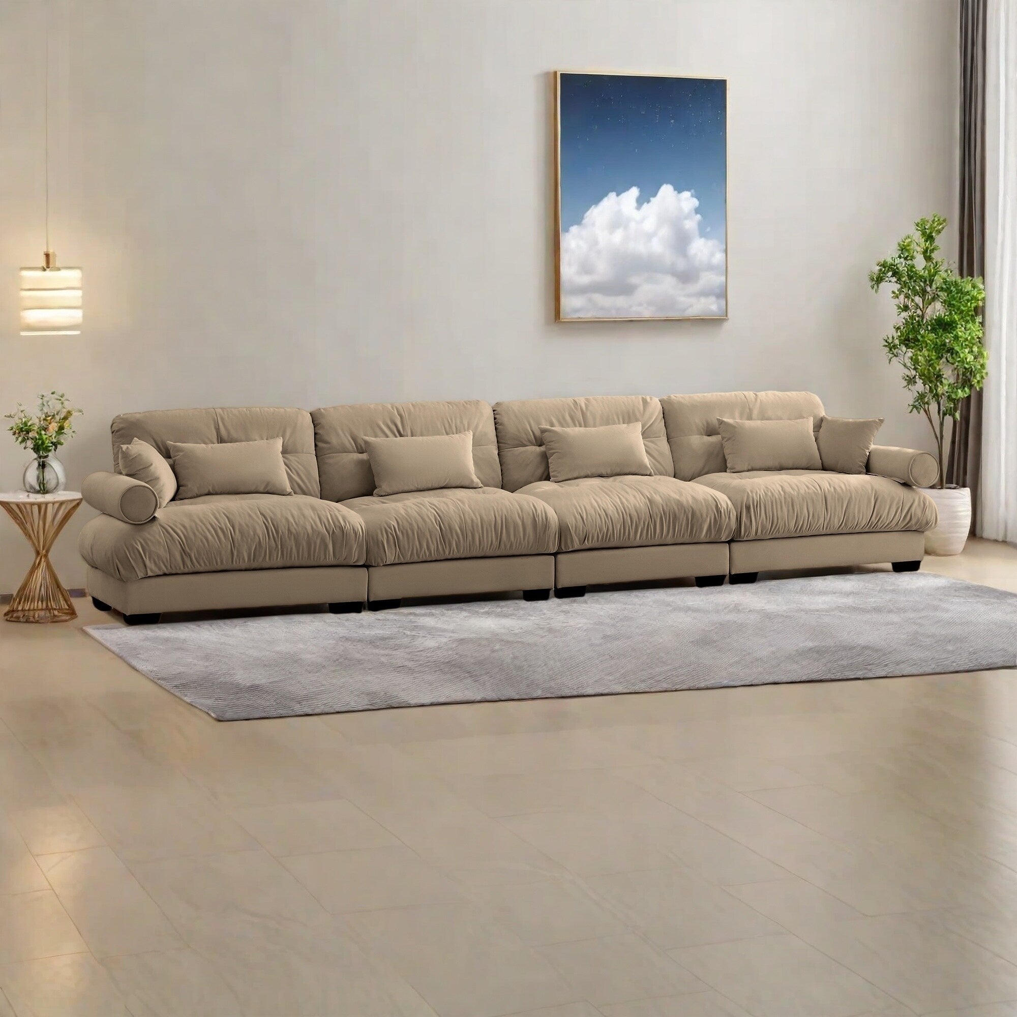 166Velvet 4-Seater Sofa with Bolster Armrests, High-Resilience Sponge Cushions