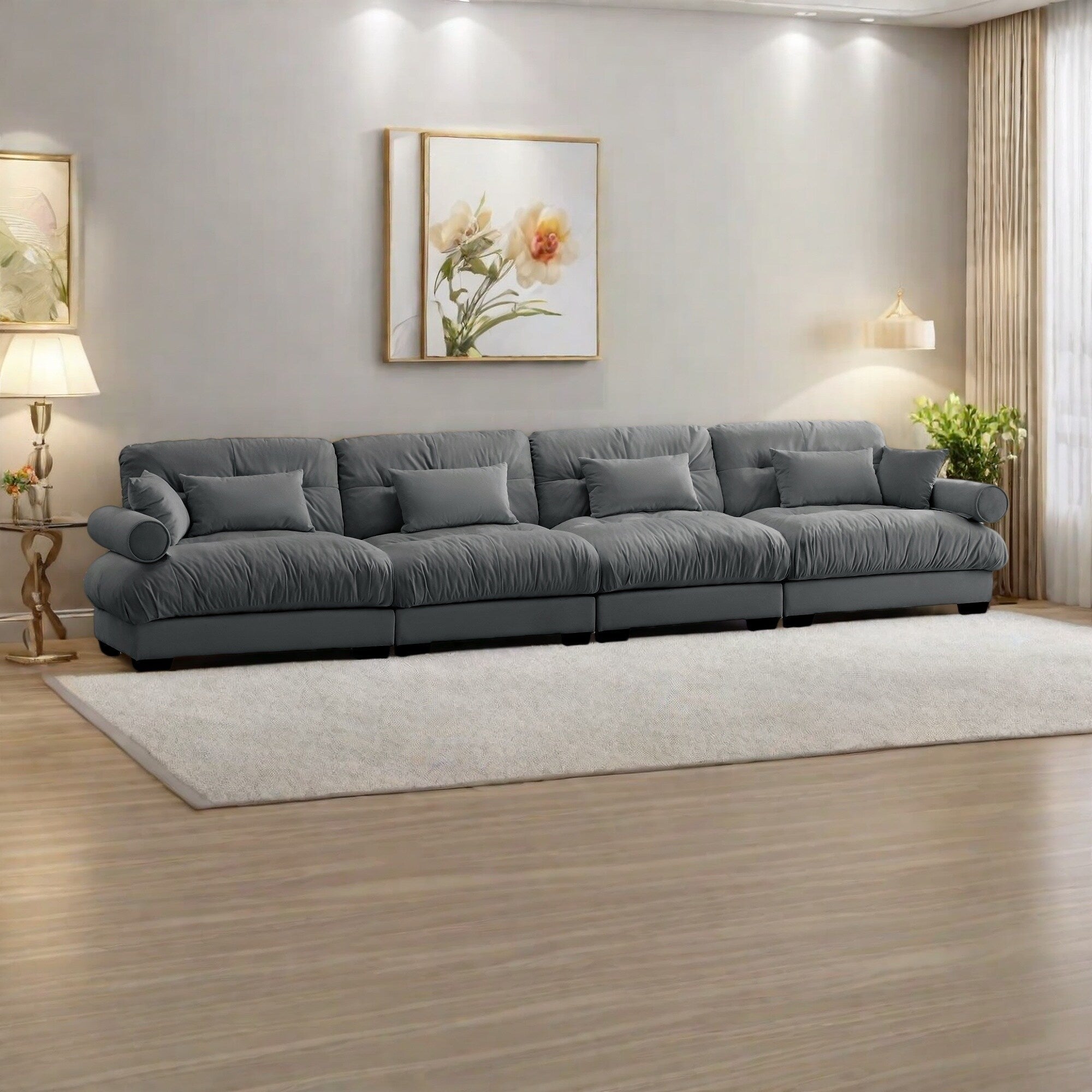 166Velvet 4-Seater Sofa with Bolster Armrests, High-Resilience Sponge Cushions