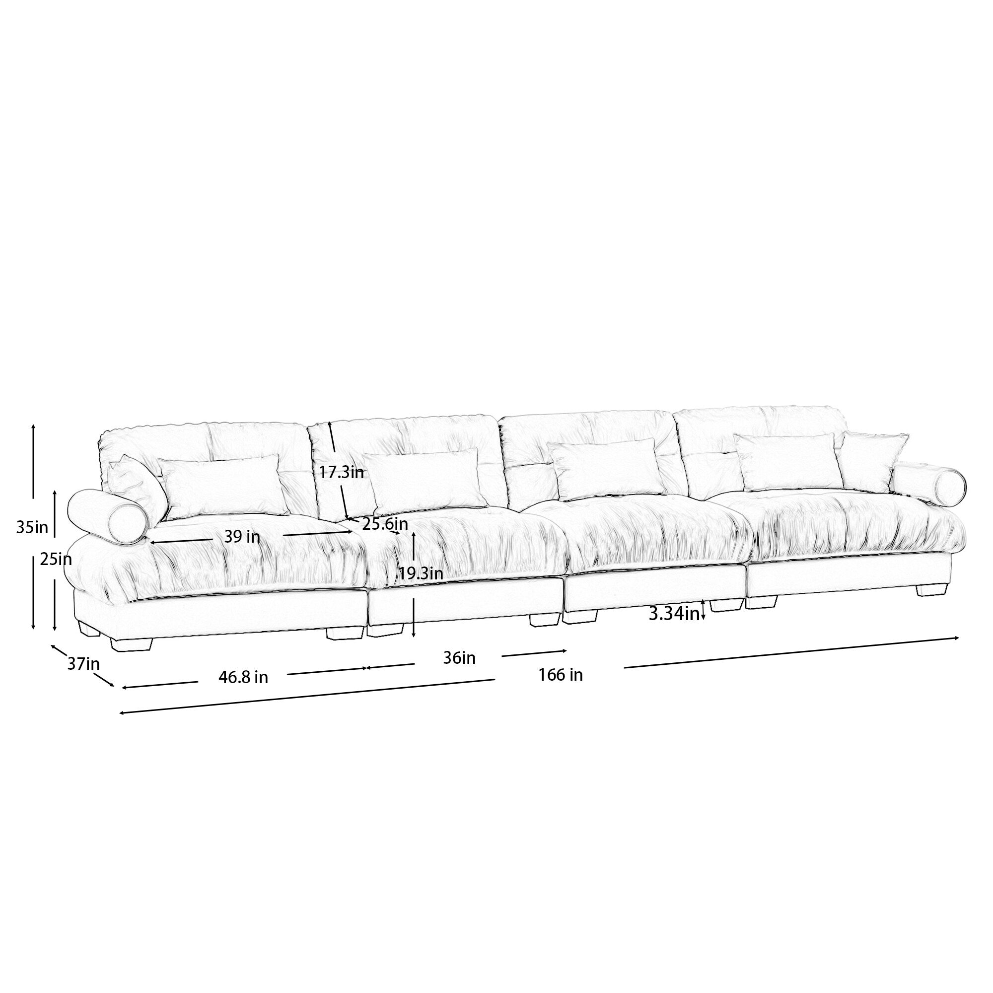 166Velvet 4-Seater Sofa with Bolster Armrests, High-Resilience Sponge Cushions