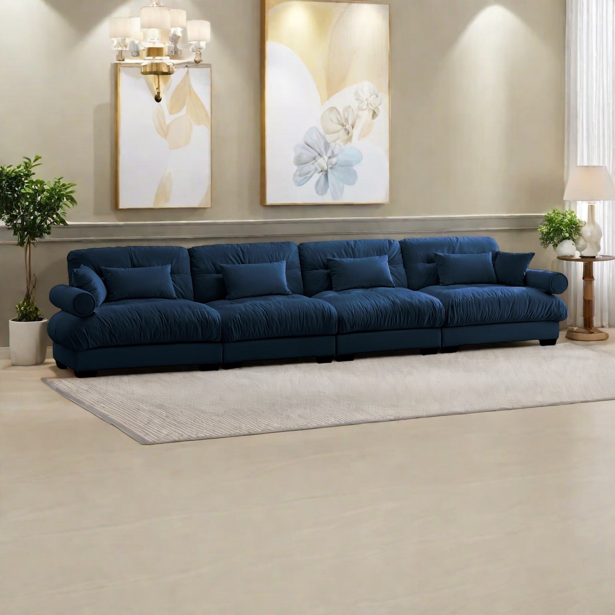 166Velvet 4-Seater Sofa with Bolster Armrests, High-Resilience Sponge Cushions