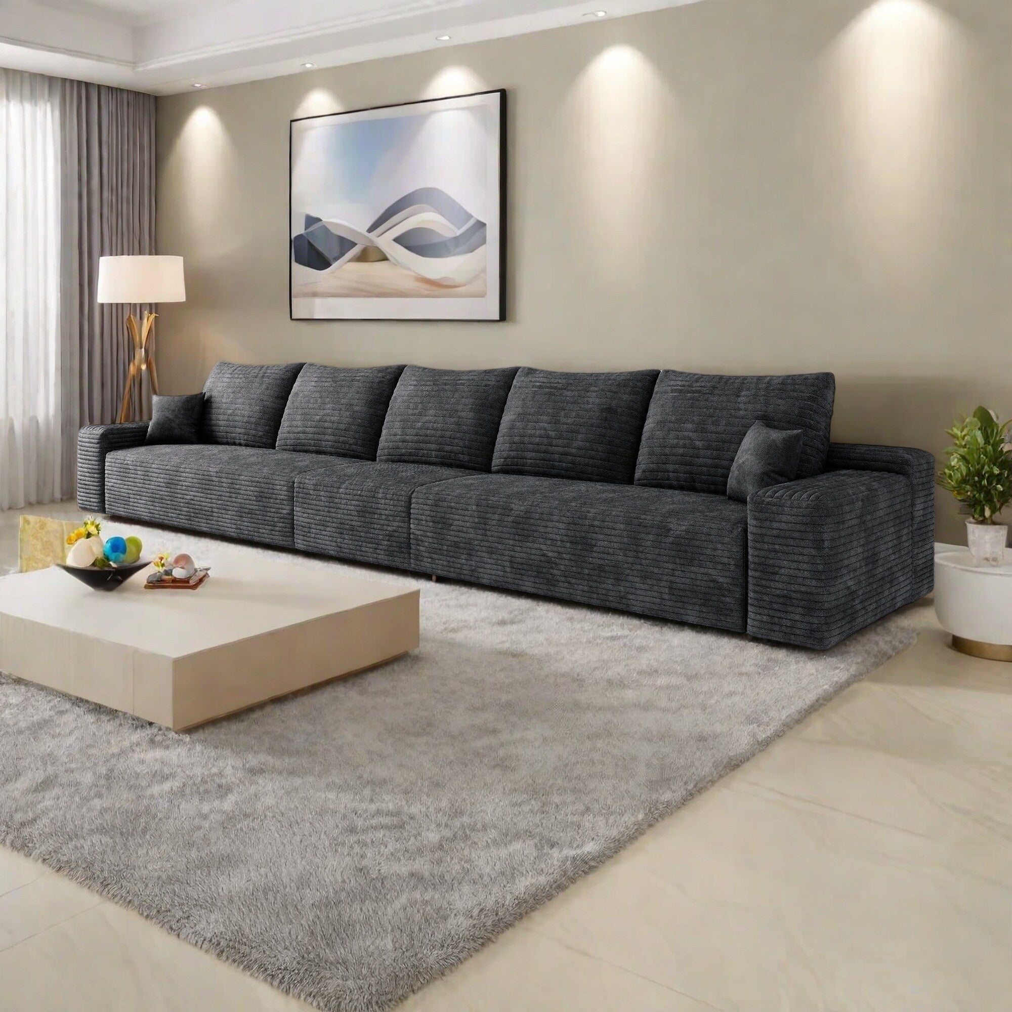 168Foam 6-Seater Sofa - Plush Corduroy Cloud Couch with Recliner and High-Resilience Foam