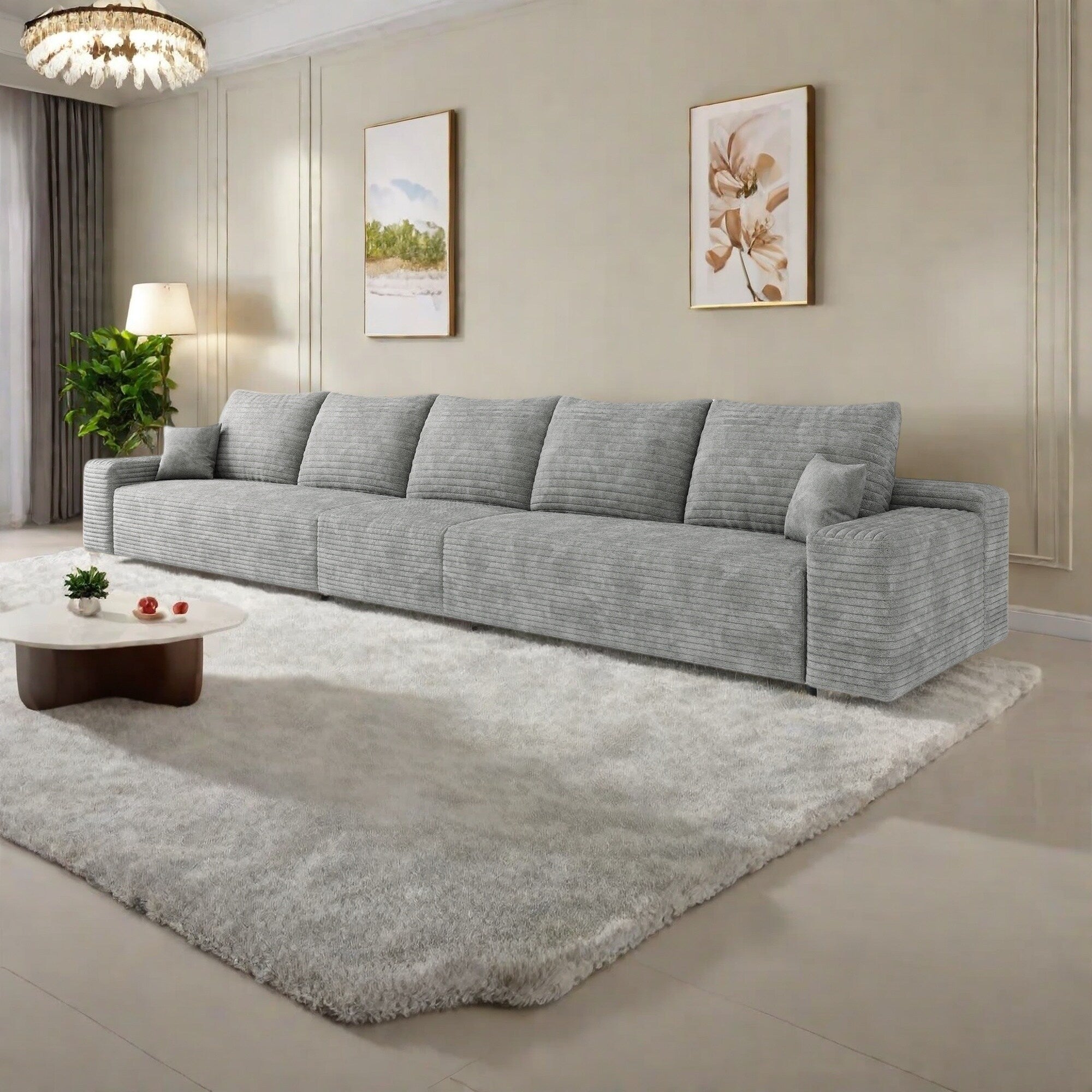 168Foam 6-Seater Sofa - Plush Corduroy Cloud Couch with Recliner and High-Resilience Foam
