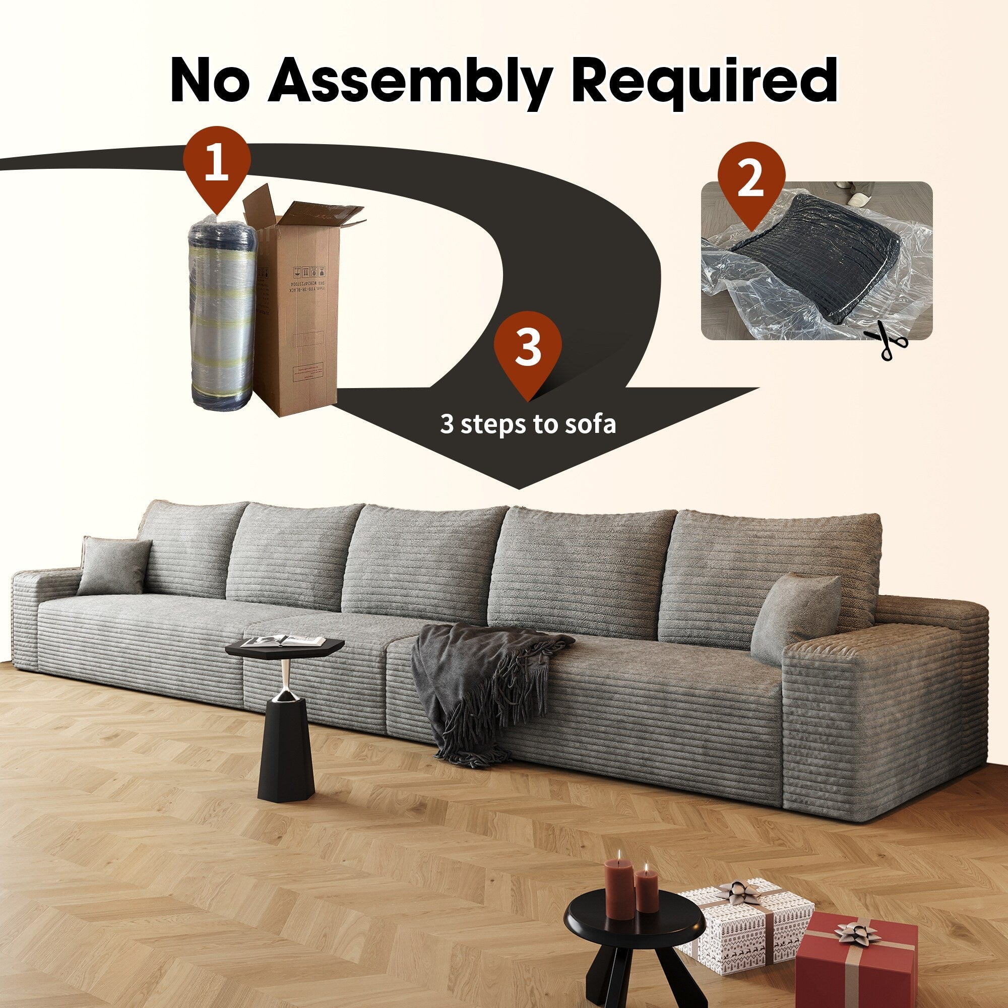 168Foam 6-Seater Sofa - Plush Corduroy Cloud Couch with Recliner and High-Resilience Foam
