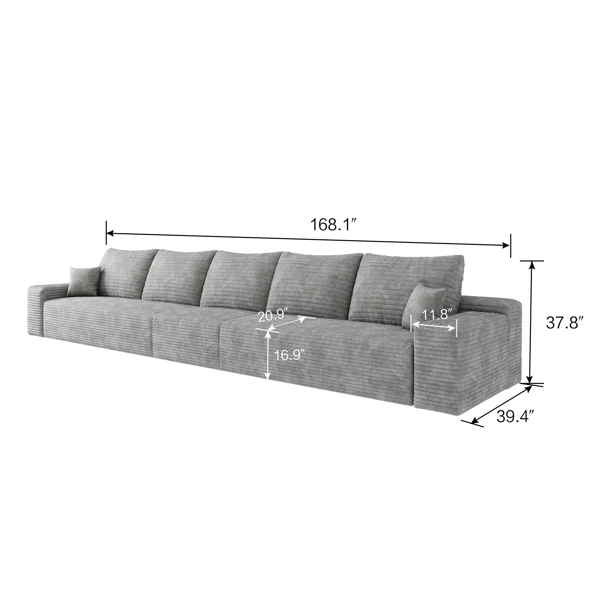 168Foam 6-Seater Sofa - Plush Corduroy Cloud Couch with Recliner and High-Resilience Foam