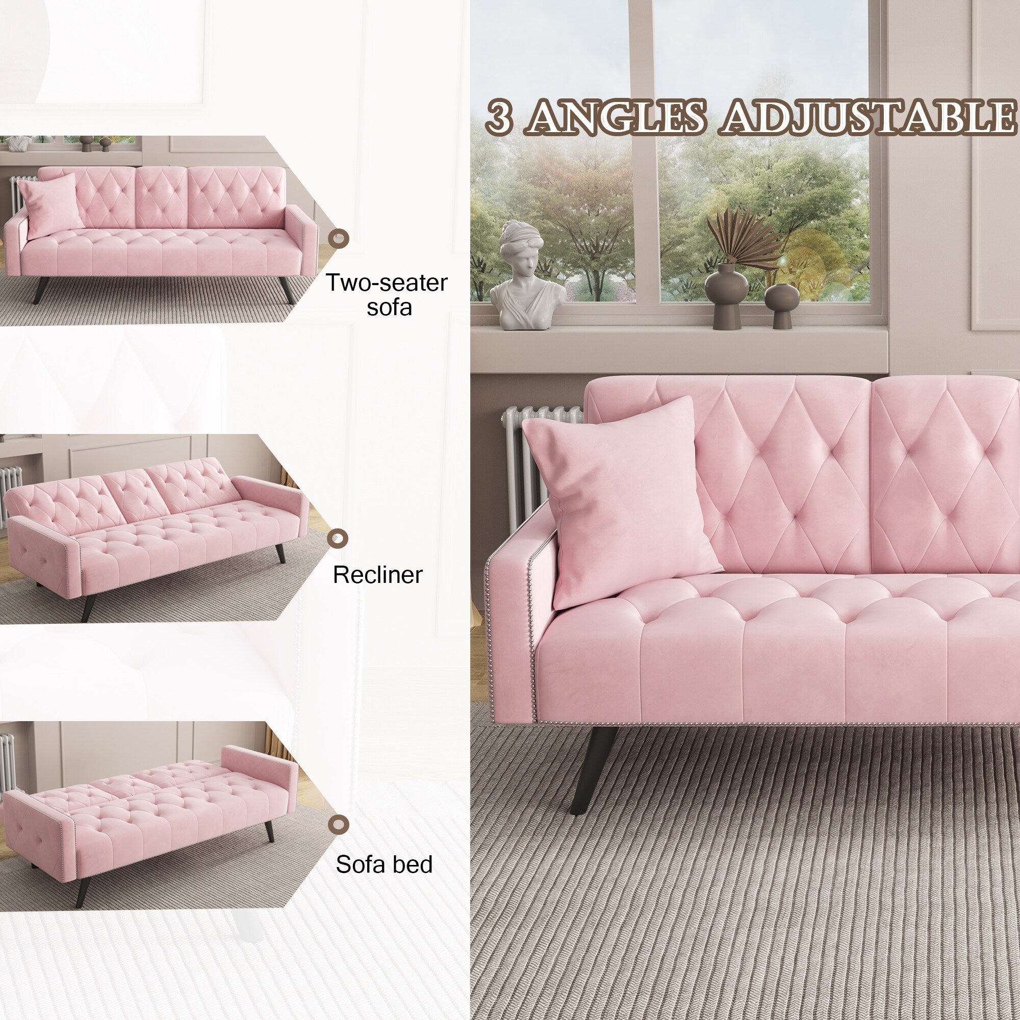 1730 Sofa Bed Armrest with Nail Head Trim with Two Cup Holders 72 Pink Velvet Sofa for Small Spaces