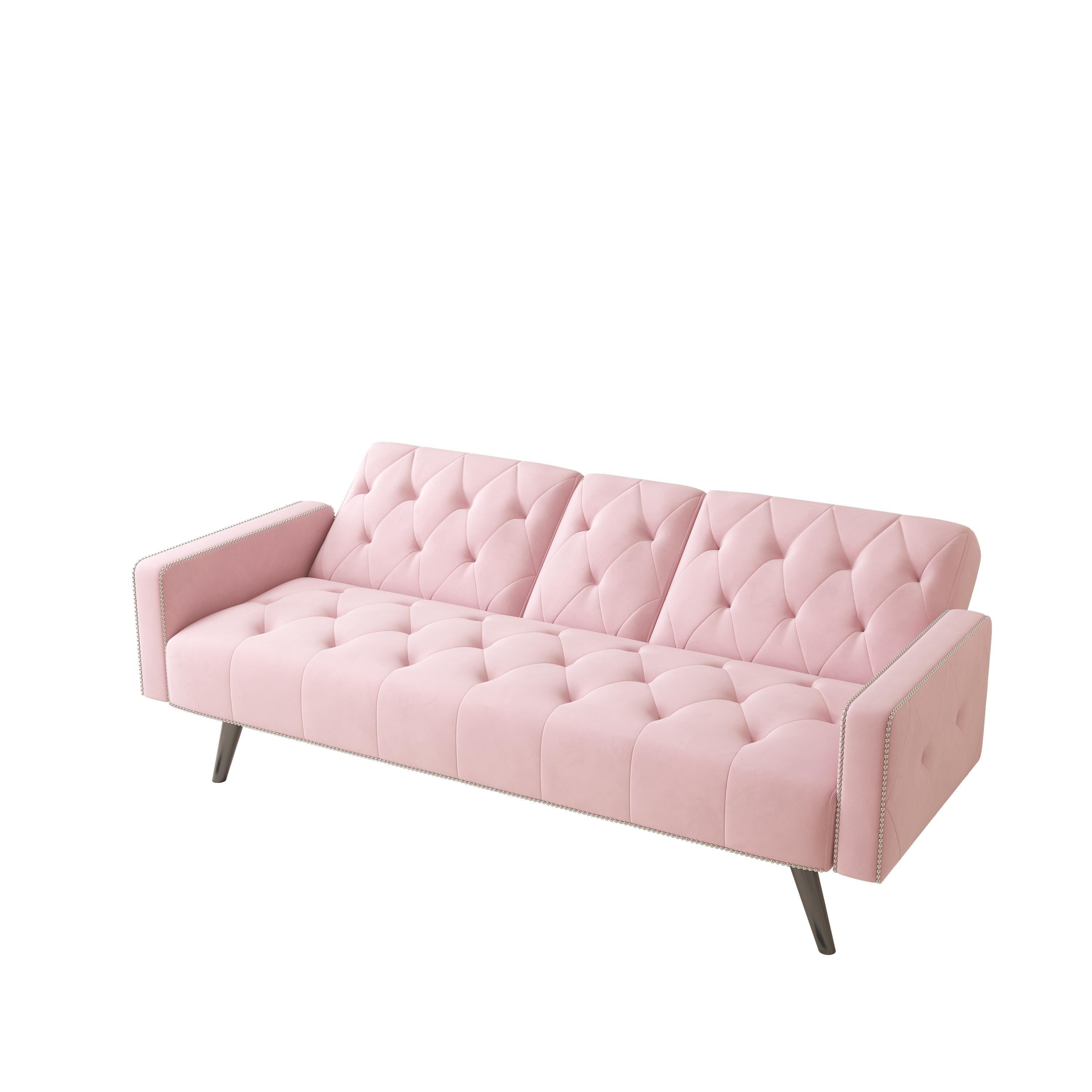 1730 Sofa Bed Armrest with Nail Head Trim with Two Cup Holders 72 Pink Velvet Sofa for Small Spaces