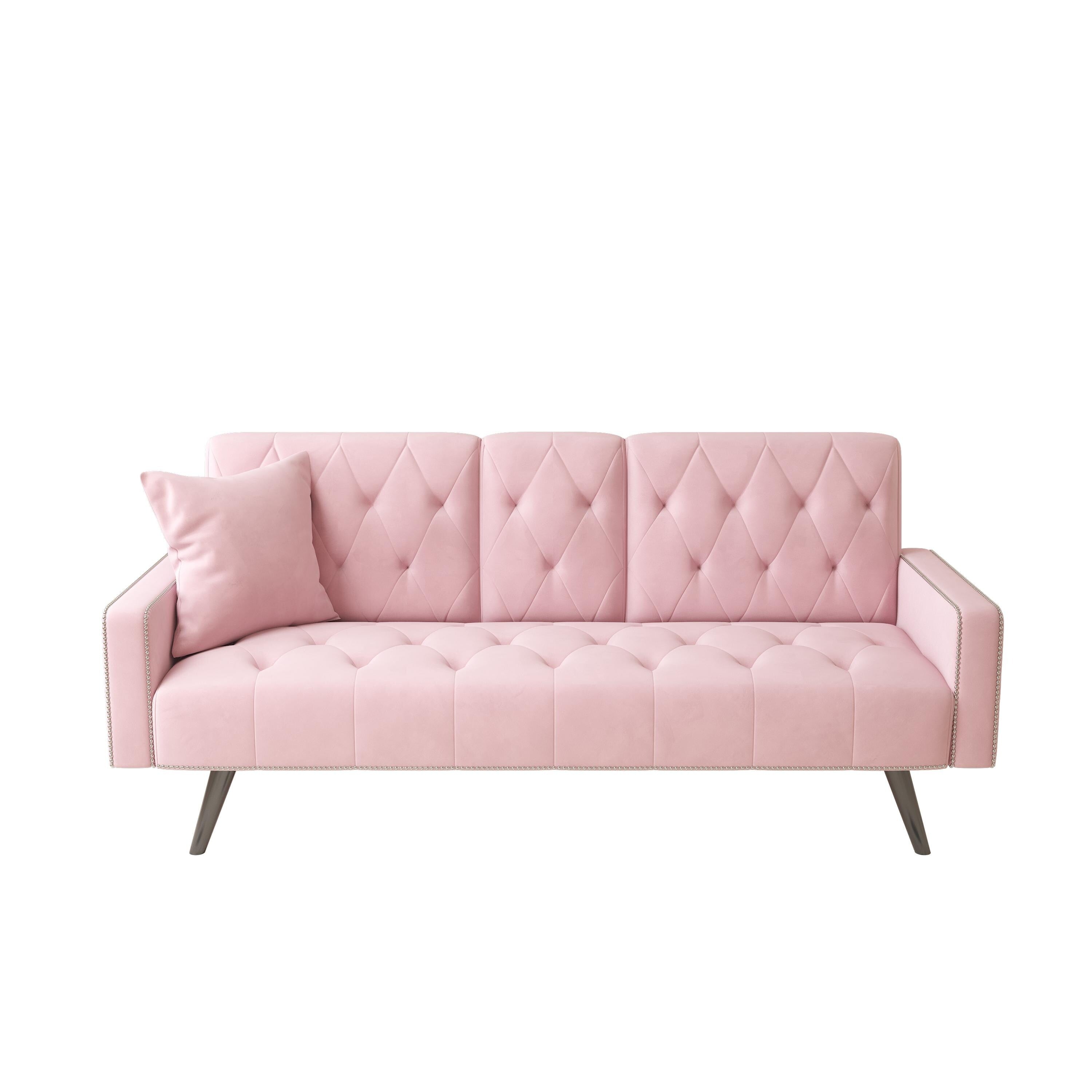 1730 Sofa Bed Armrest with Nail Head Trim with Two Cup Holders 72 Pink Velvet Sofa for Small Spaces