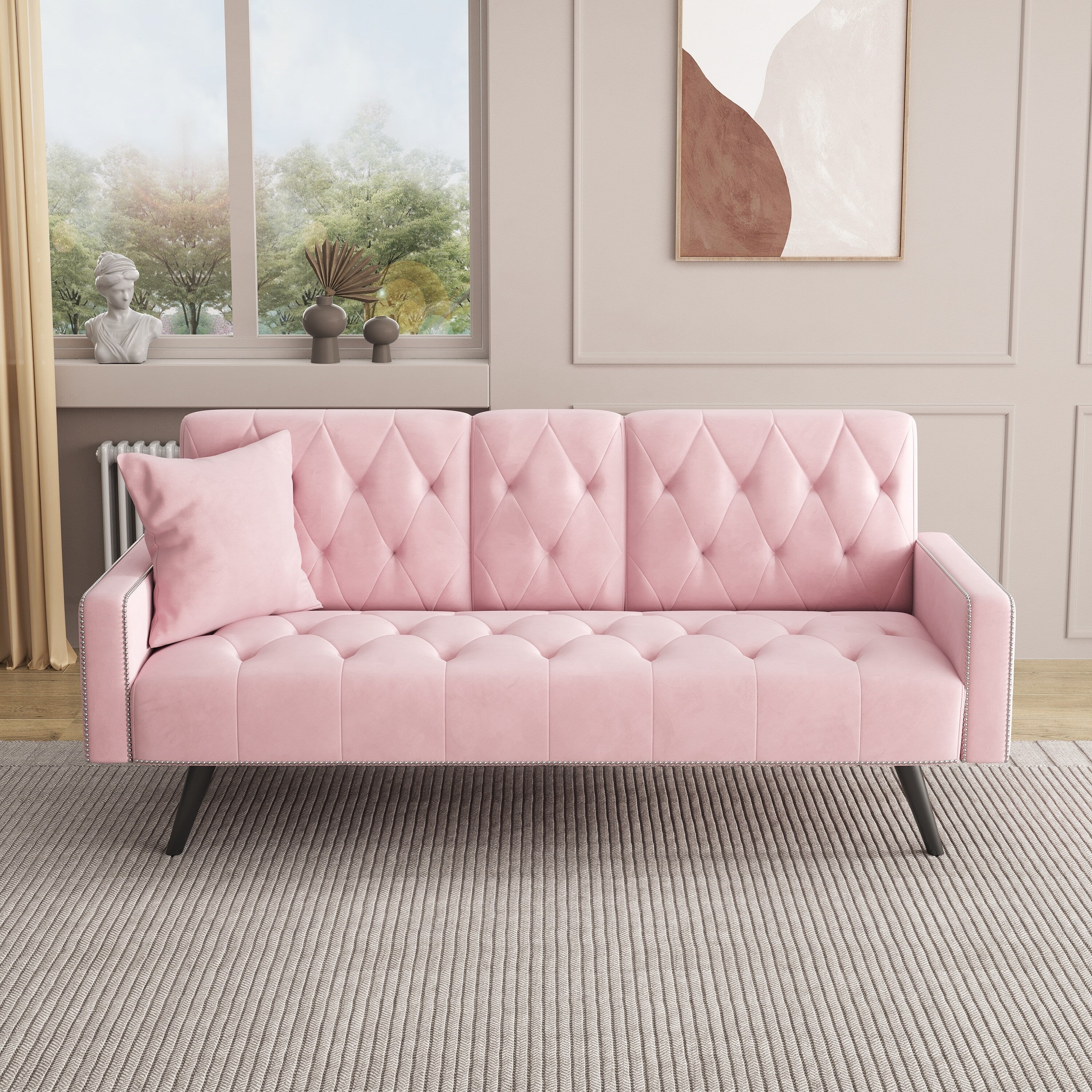 1730 Sofa Bed Armrest with Nail Head Trim with Two Cup Holders 72 Pink Velvet Sofa for Small Spaces