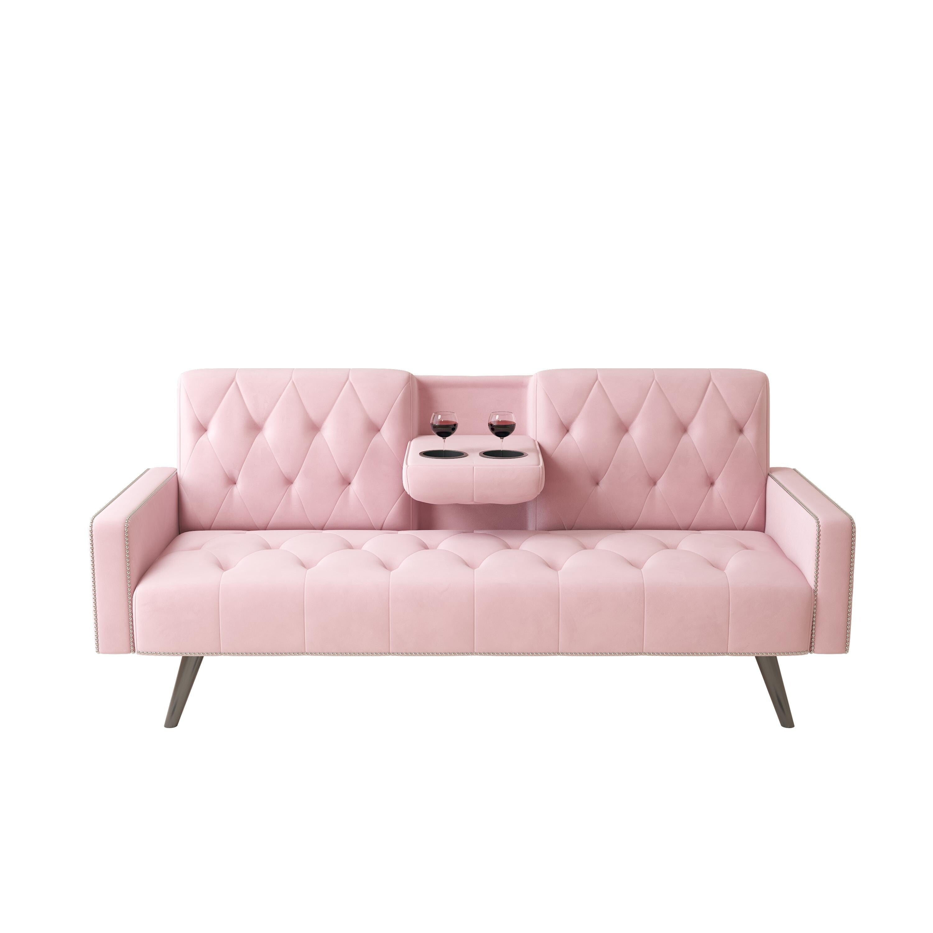 1730 Sofa Bed Armrest with Nail Head Trim with Two Cup Holders 72 Pink Velvet Sofa for Small Spaces