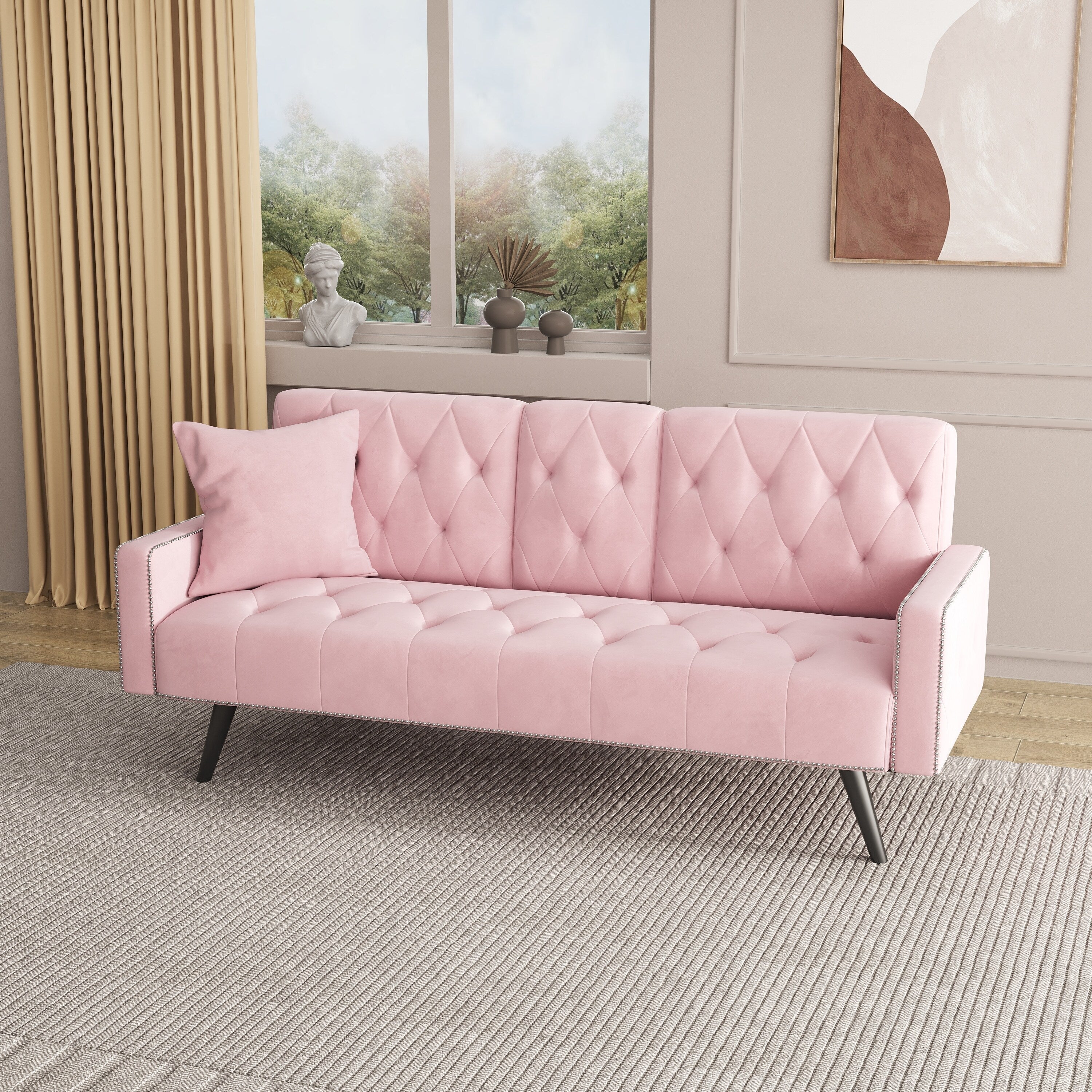 1730 Sofa Bed Armrest with Nail Head Trim with Two Cup Holders 72 Pink Velvet Sofa for Small Spaces