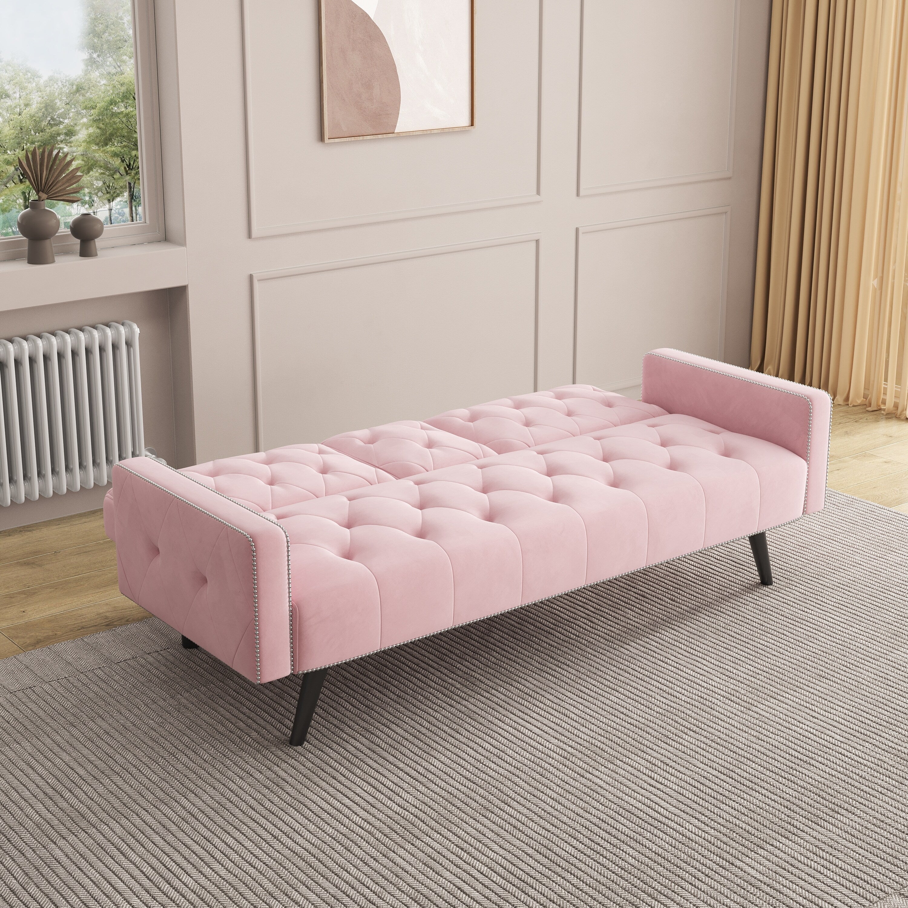 1730 Sofa Bed Armrest with Nail Head Trim with Two Cup Holders 72 Pink Velvet Sofa for Small Spaces