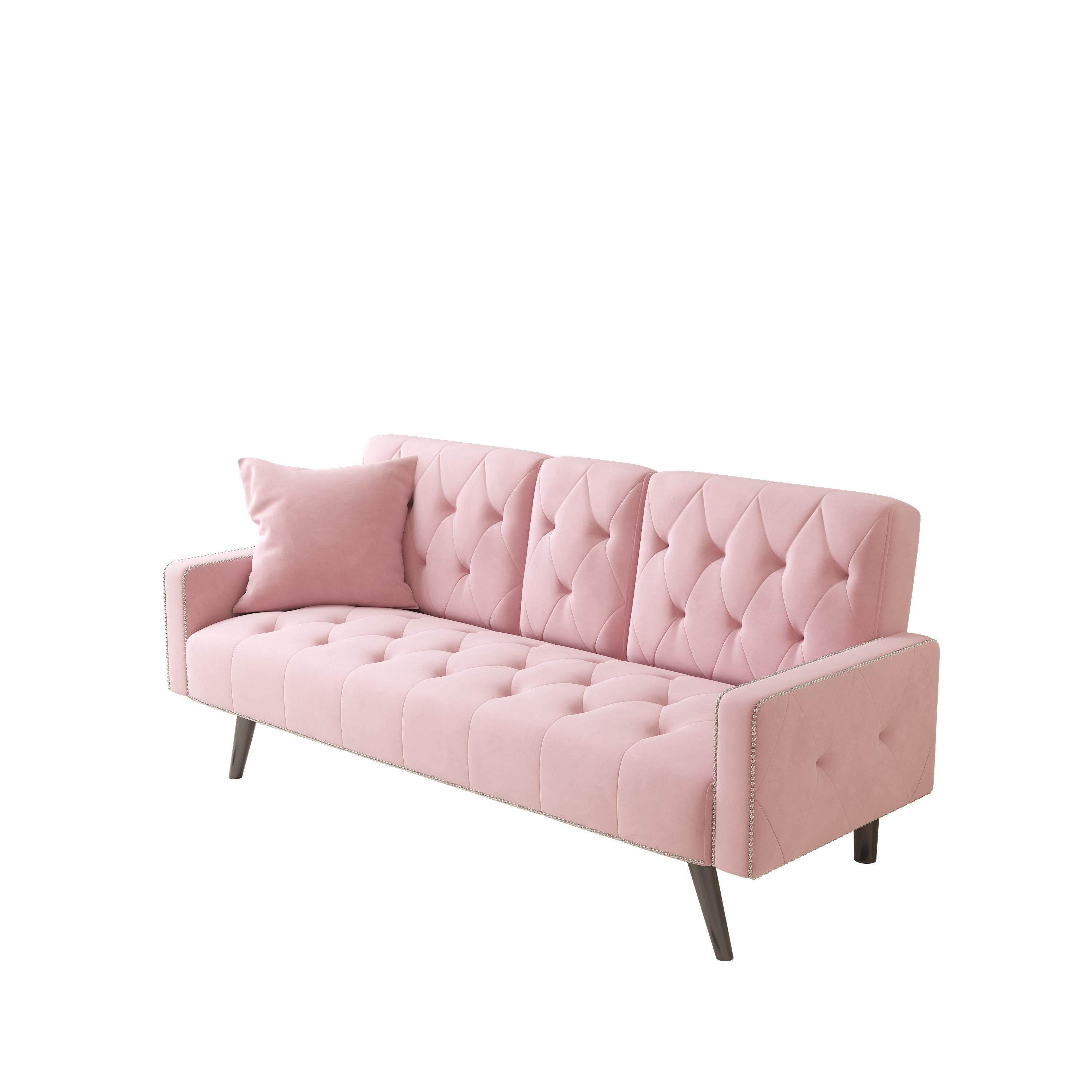 1730 Sofa Bed Armrest with Nail Head Trim with Two Cup Holders 72 Pink Velvet Sofa for Small Spaces