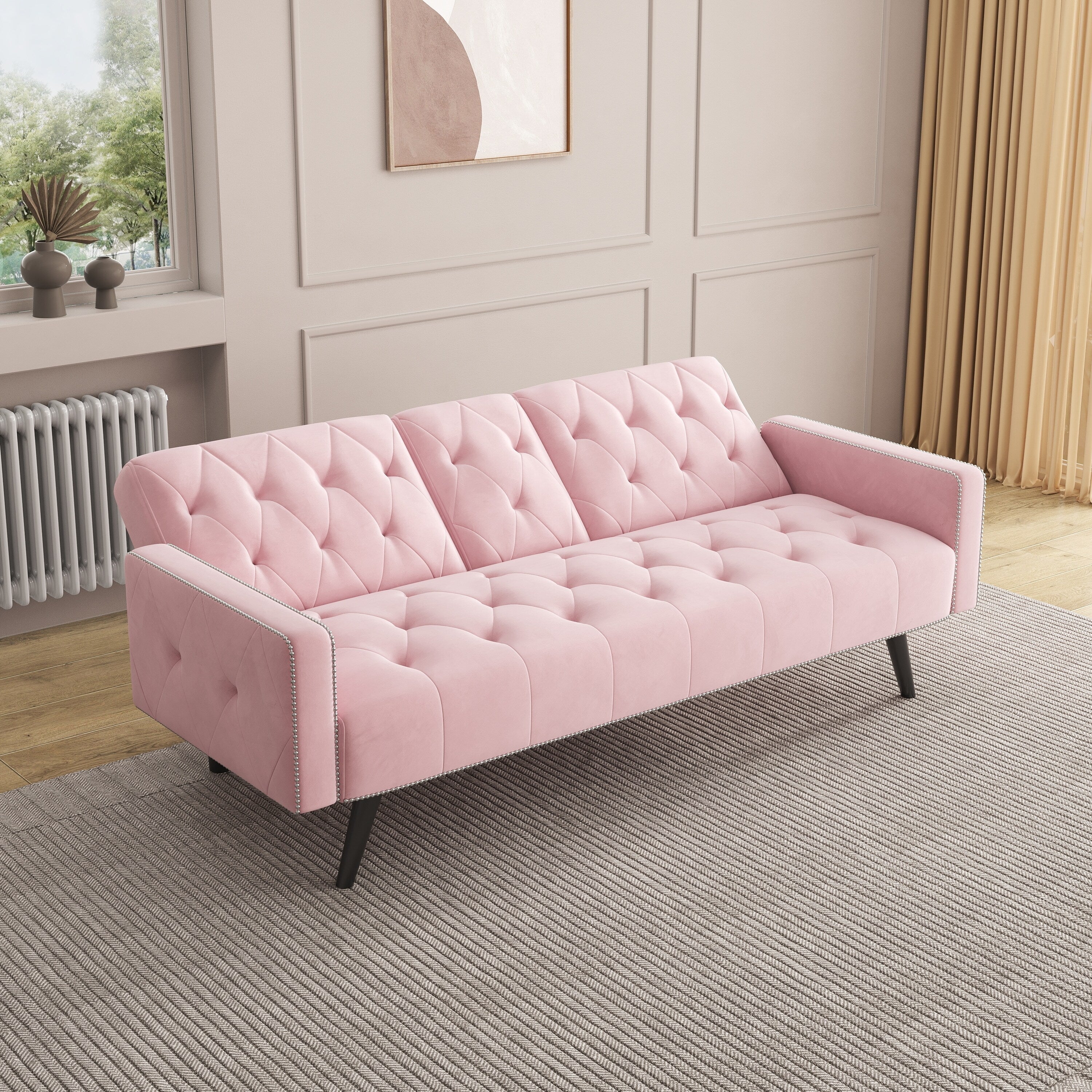 1730 Sofa Bed Armrest with Nail Head Trim with Two Cup Holders 72 Pink Velvet Sofa for Small Spaces