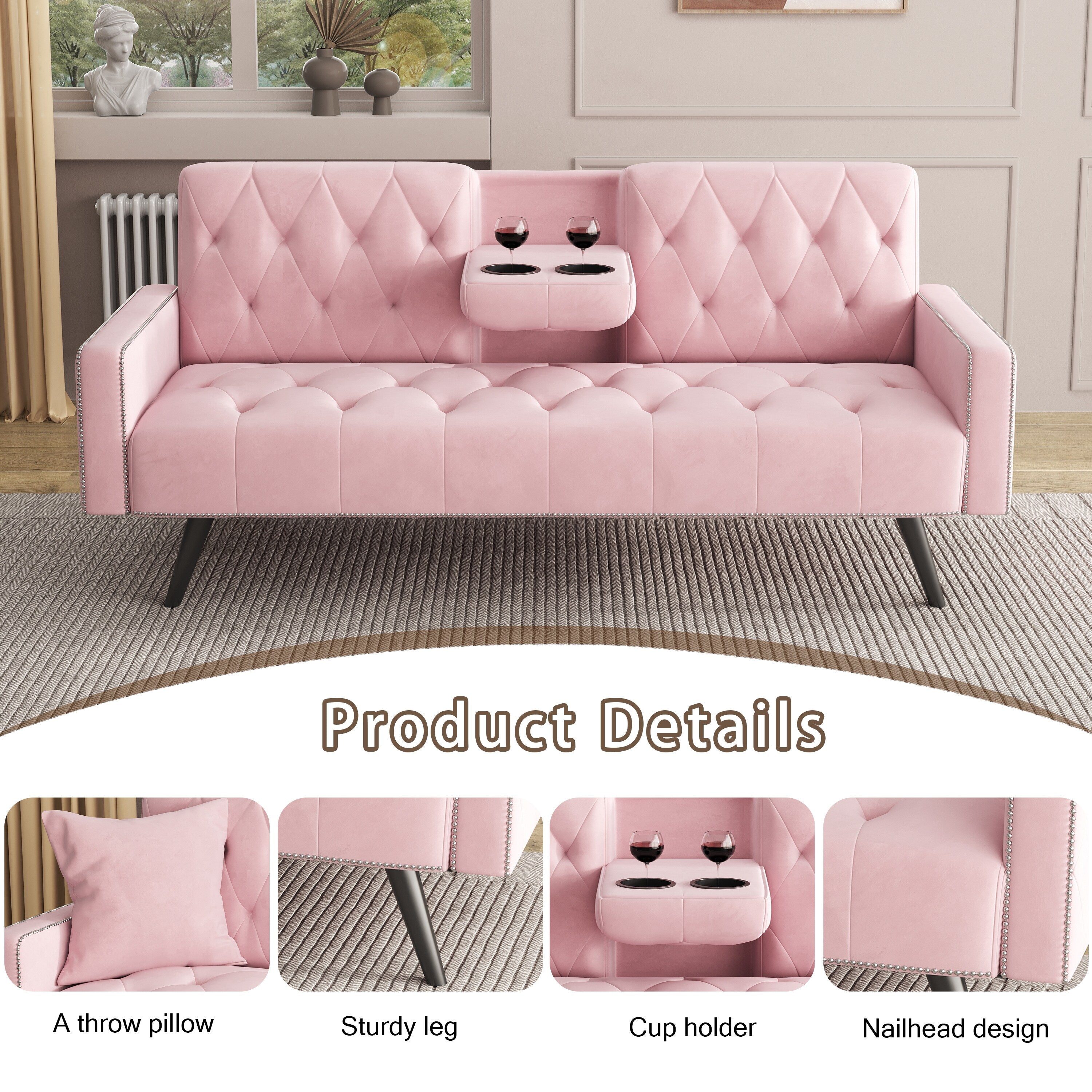 1730 Sofa Bed Armrest with Nail Head Trim with Two Cup Holders 72 Pink Velvet Sofa for Small Spaces