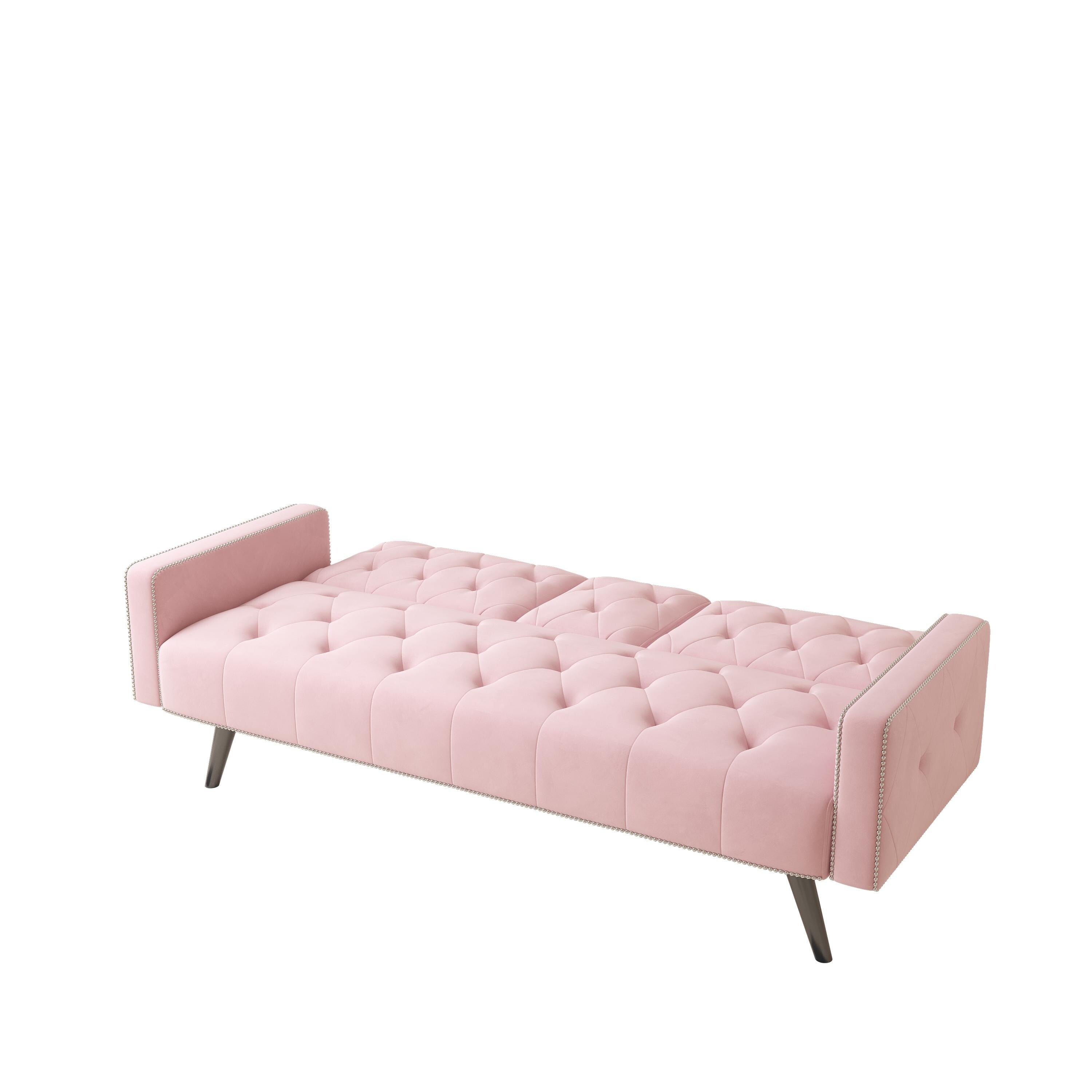 1730 Sofa Bed Armrest with Nail Head Trim with Two Cup Holders 72 Pink Velvet Sofa for Small Spaces