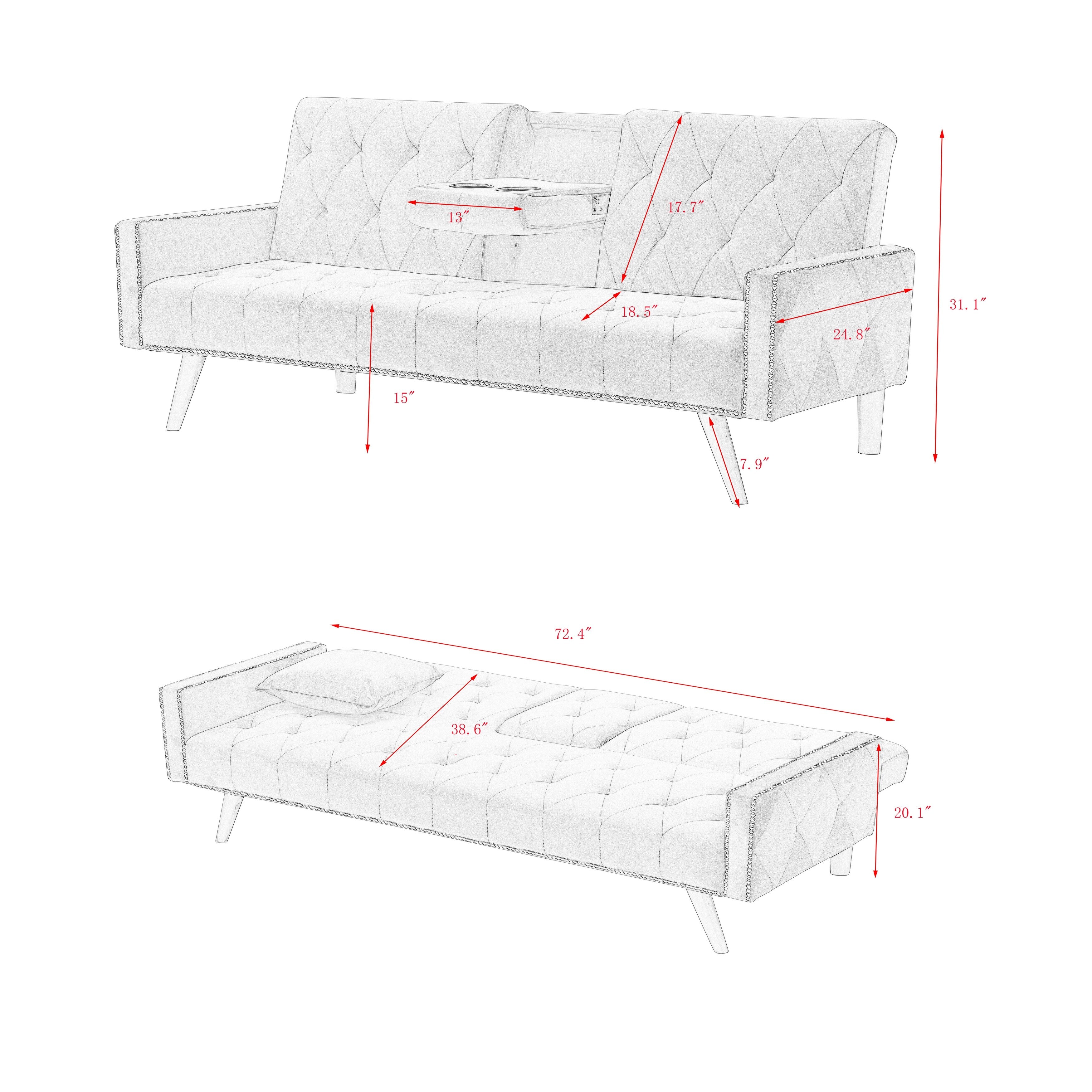 1730 Sofa Bed Armrest with Nail Head Trim with Two Cup Holders 72 Pink Velvet Sofa for Small Spaces