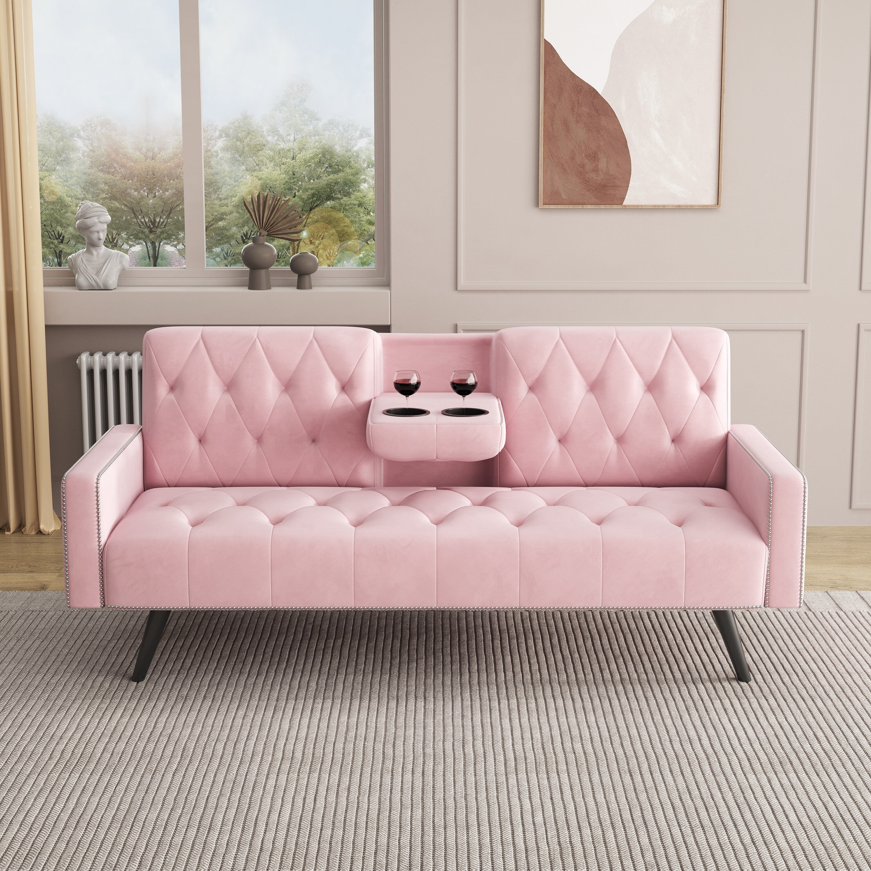 1730 Sofa Bed Armrest with Nail Head Trim with Two Cup Holders 72 Pink Velvet Sofa for Small Spaces