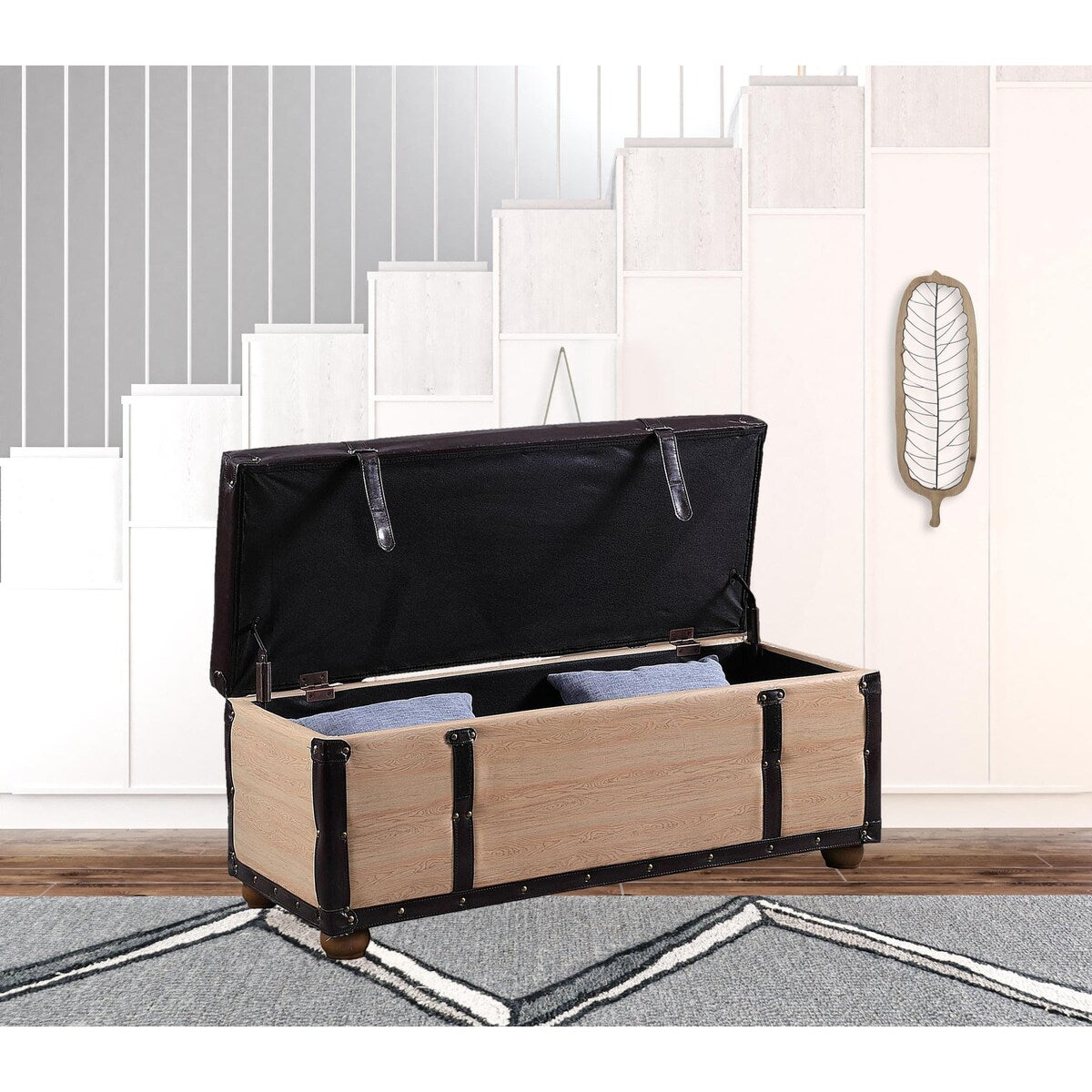 17 Black And Natural Light Brown Faux Leather Bench With Flip Top