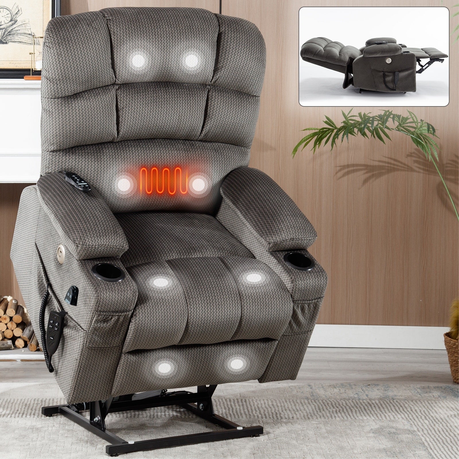 180Â° Power Lift Recliner Chair with Massage & Heat, Dual Cup Holders