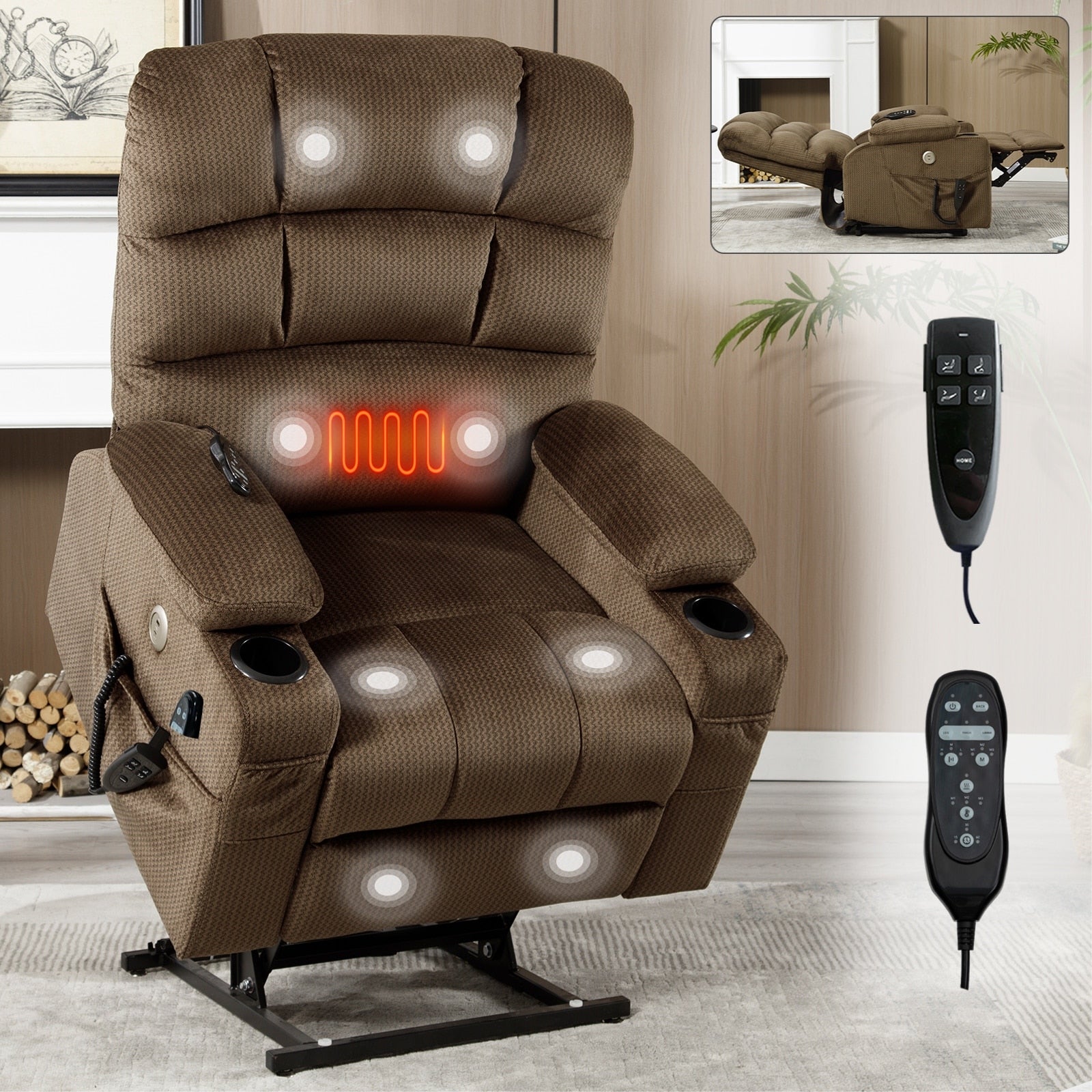 180Â° Power Lift Recliner Chair with Massage & Heat, Dual Cup Holders