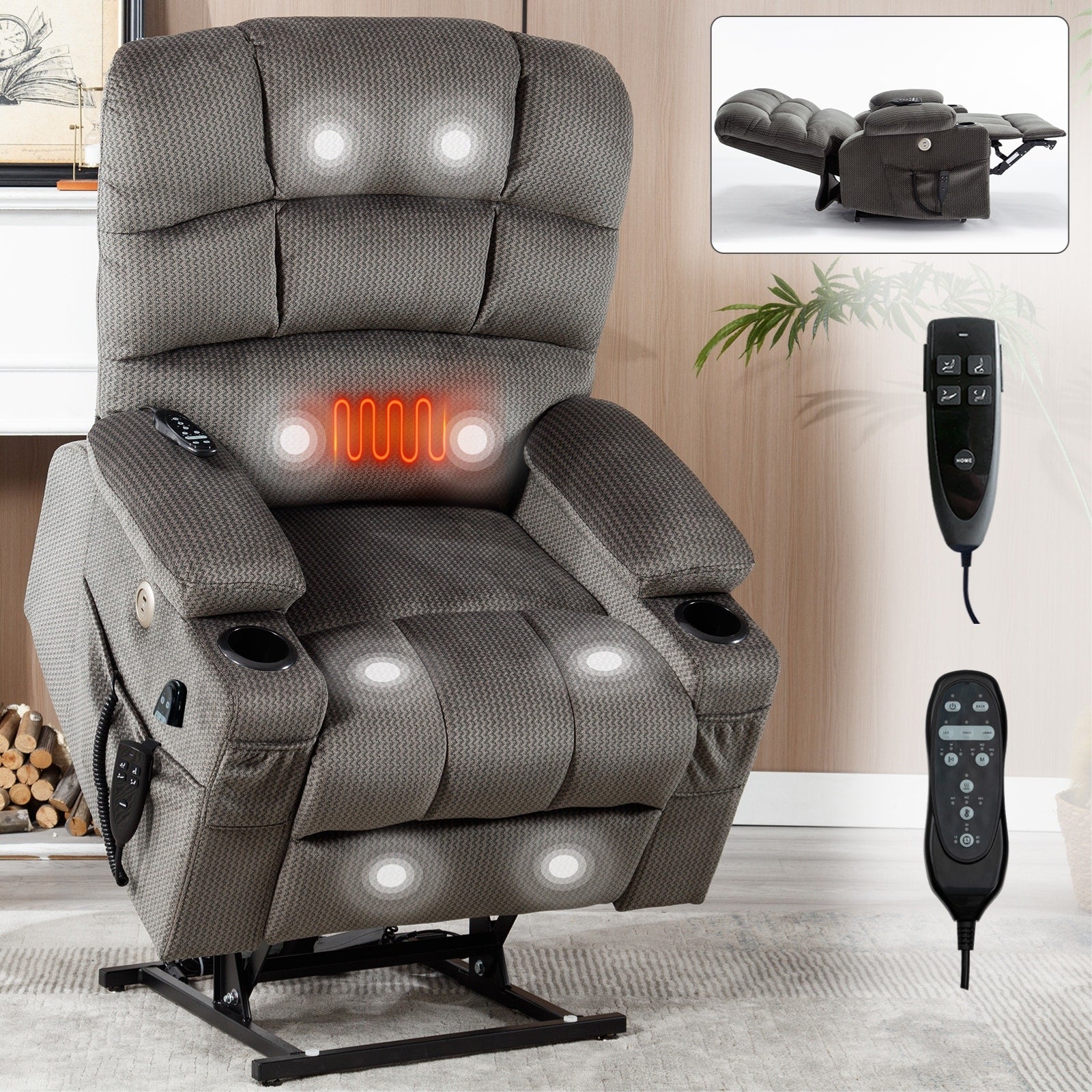 180Â° Power Lift Recliner Chair with Massage & Heat, Dual Cup Holders