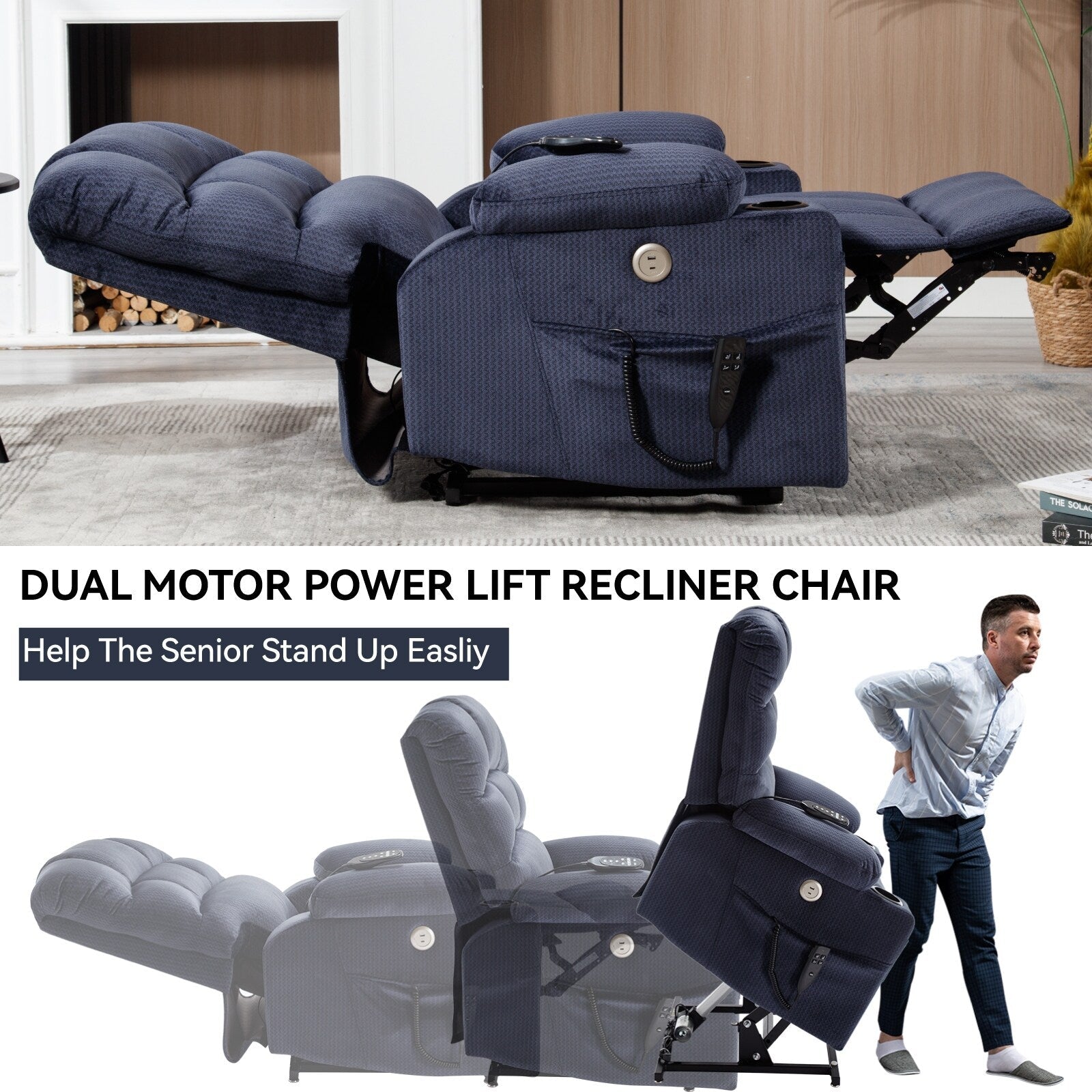 180Â° Power Lift Recliner Chair with Massage & Heat, Dual Cup Holders