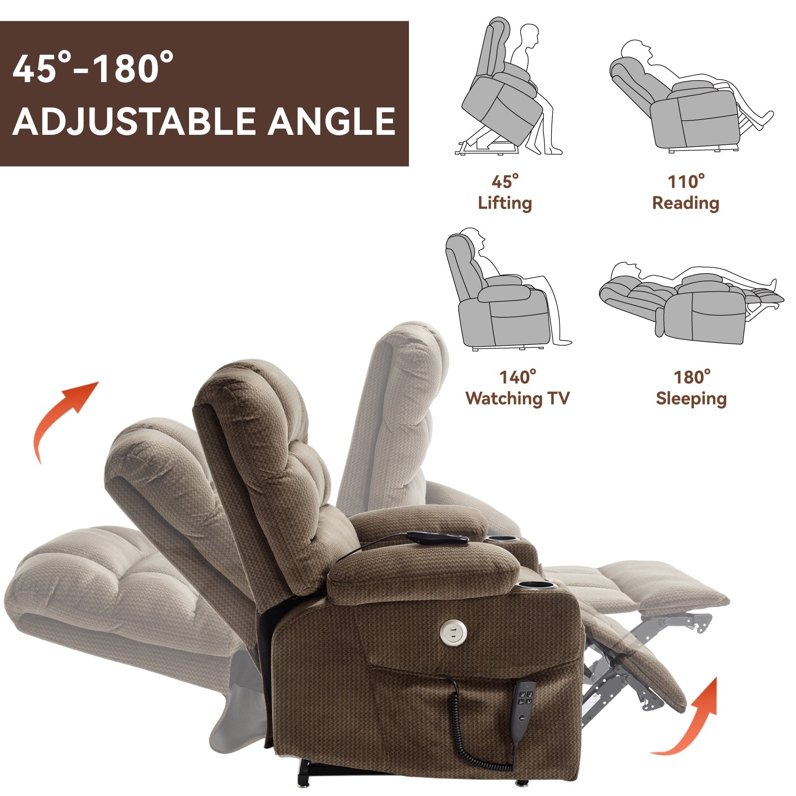 180Â° Power Lift Recliner Chair with Massage & Heat, Dual Cup Holders