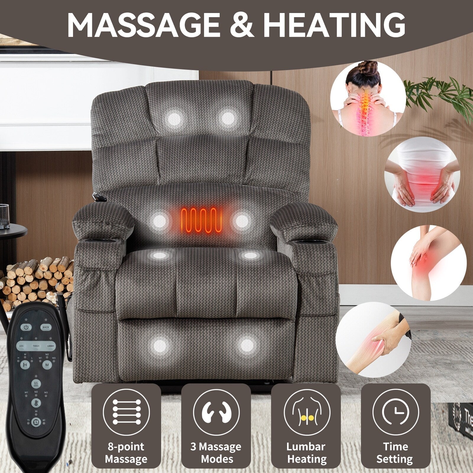 180Â° Power Lift Recliner Chair with Massage & Heat, Dual Cup Holders
