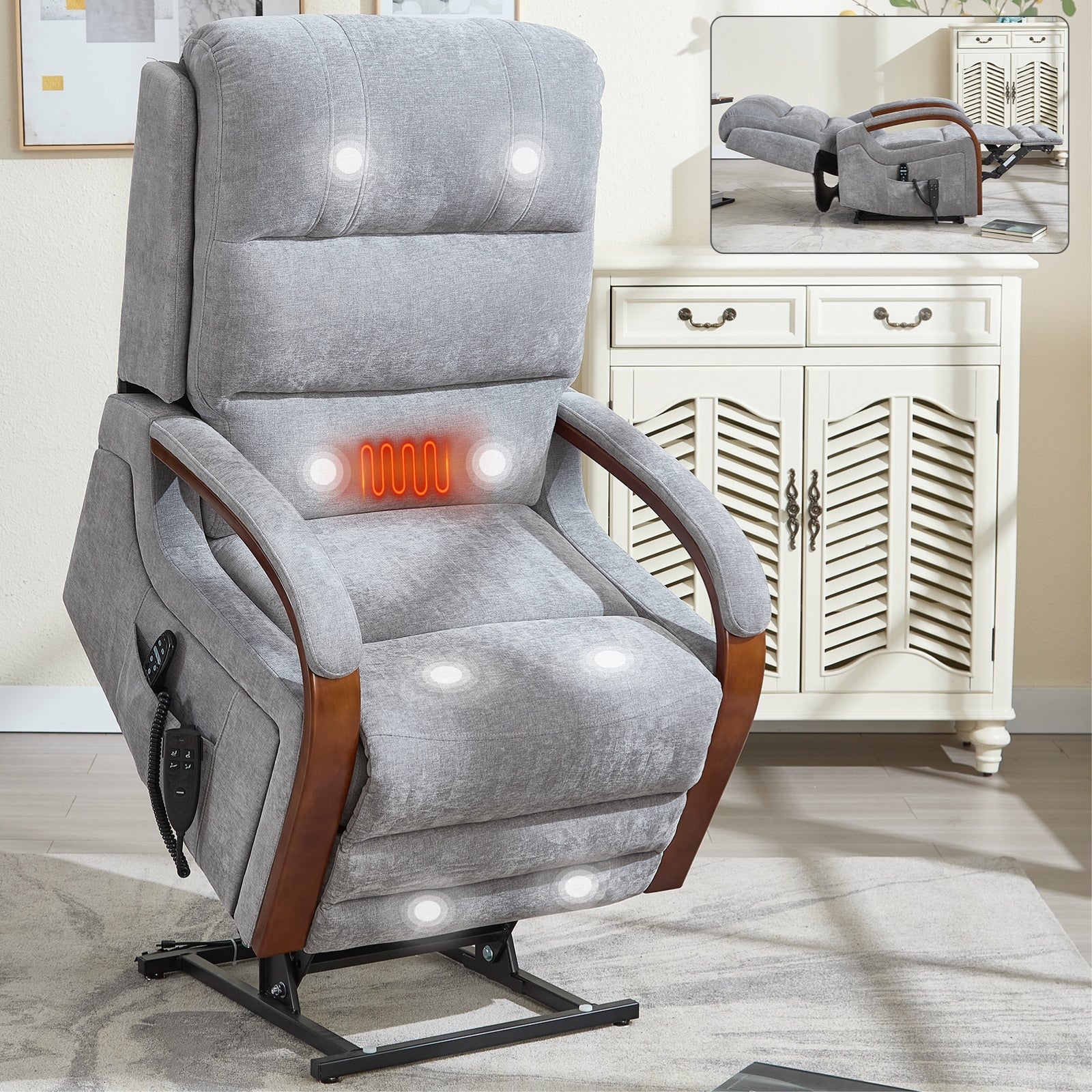 180Â° Power Lift Recliner Chair with Massage & Heat,Solid Wood Armrests