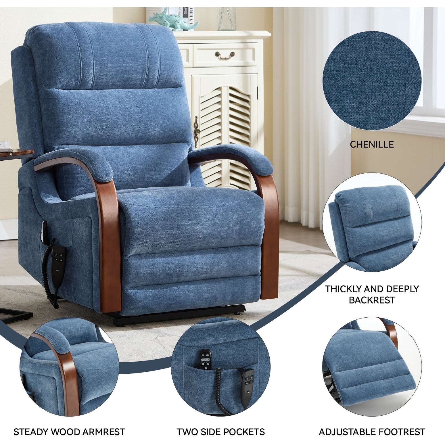 180Â° Power Lift Recliner Chair with Massage & Heat,Solid Wood Armrests