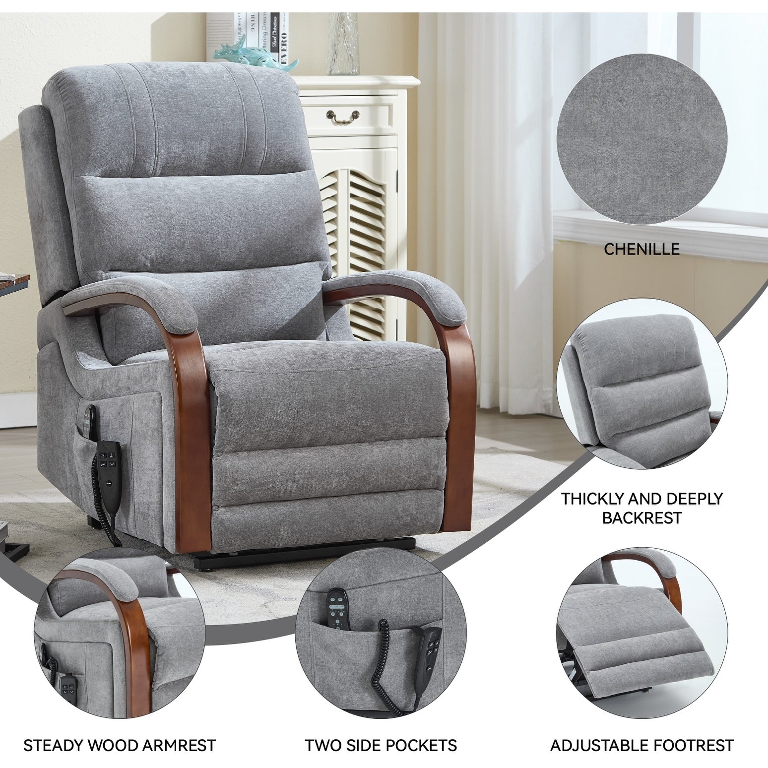 180Â° Power Lift Recliner Chair with Massage & Heat,Solid Wood Armrests