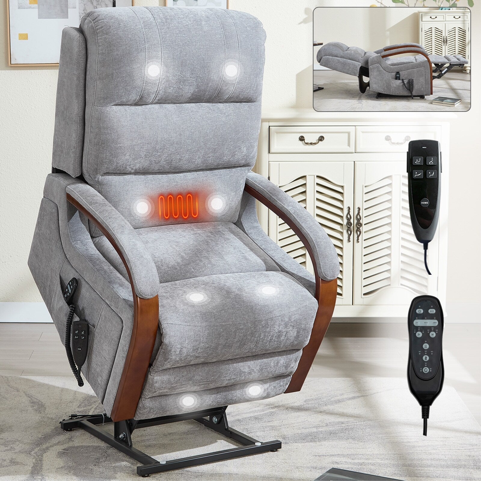 180Â° Power Lift Recliner Chair with Massage & Heat,Solid Wood Armrests