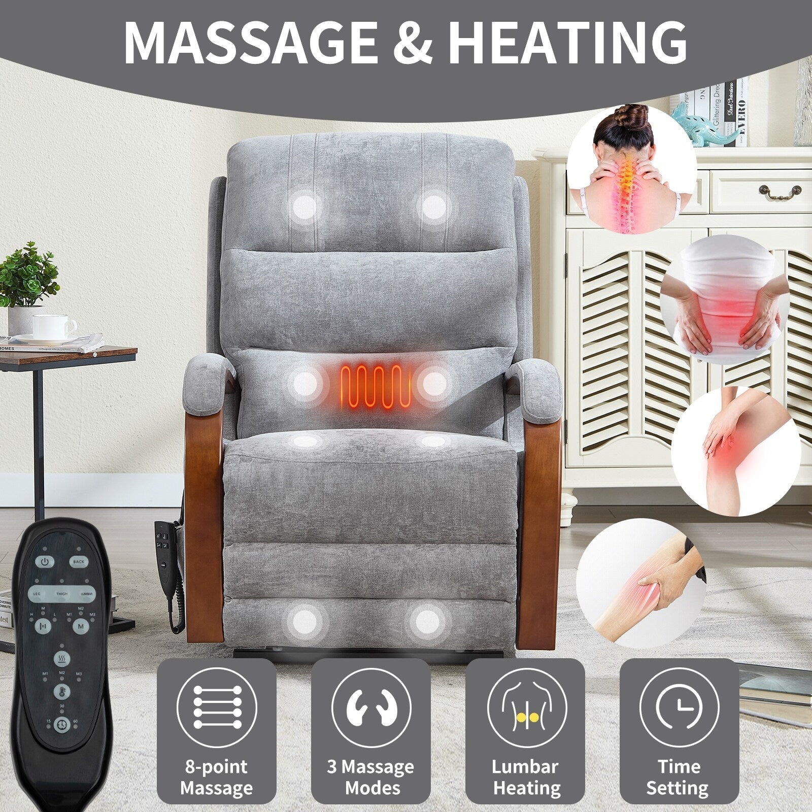 180Â° Power Lift Recliner Chair with Massage & Heat,Solid Wood Armrests