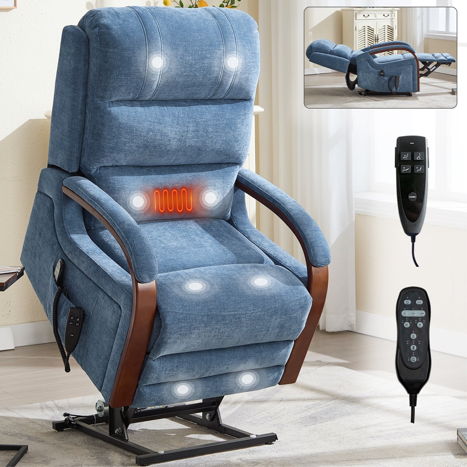 180Â° Power Lift Recliner Chair with Massage & Heat,Solid Wood Armrests