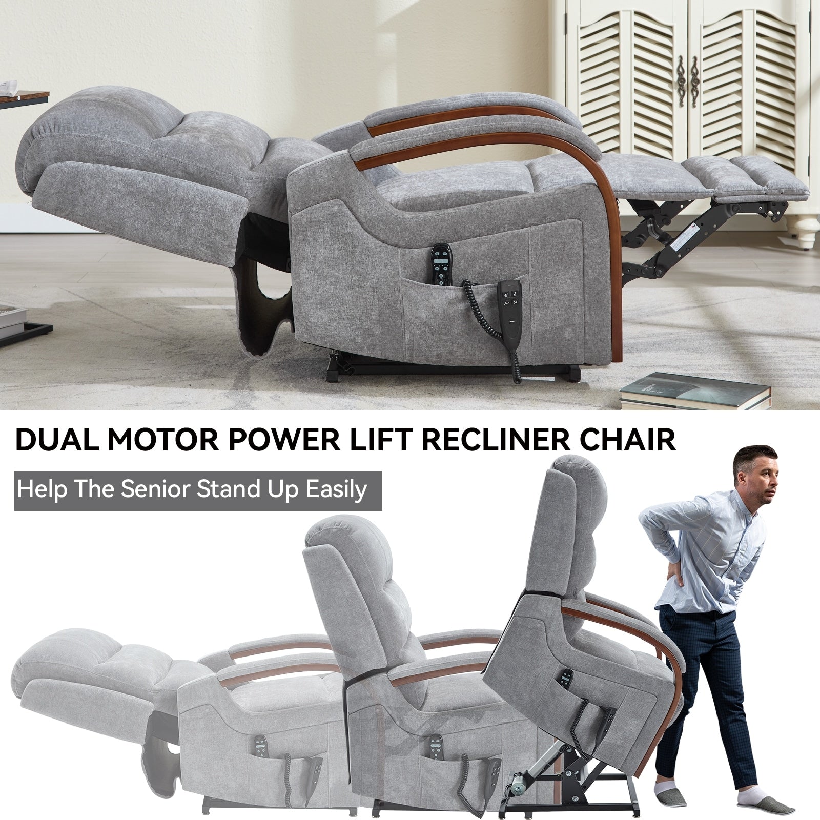 180Â° Power Lift Recliner Chair with Massage & Heat,Solid Wood Armrests