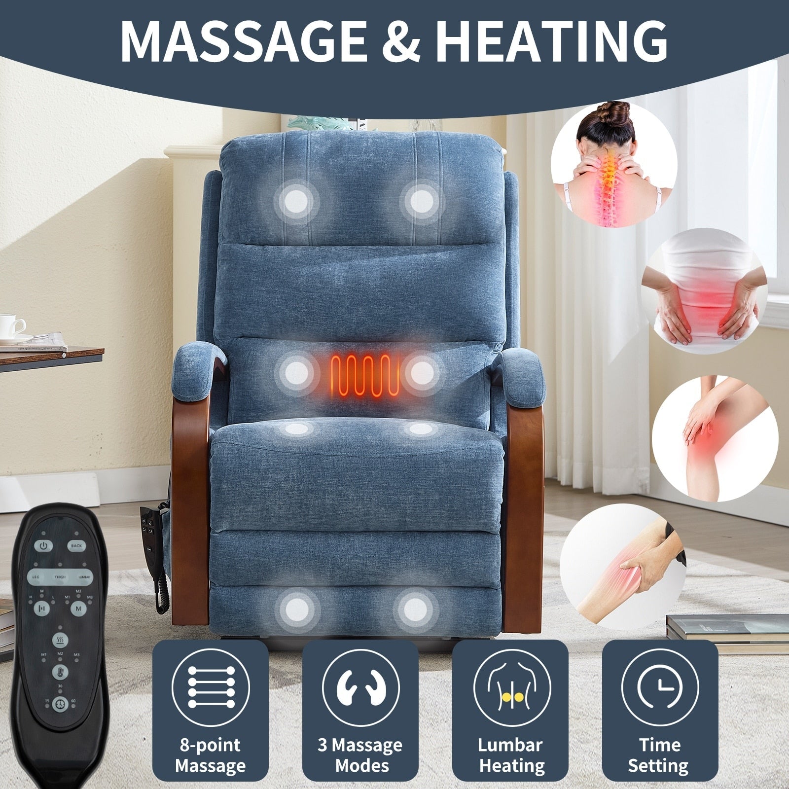 180Â° Power Lift Recliner Chair with Massage & Heat,Solid Wood Armrests
