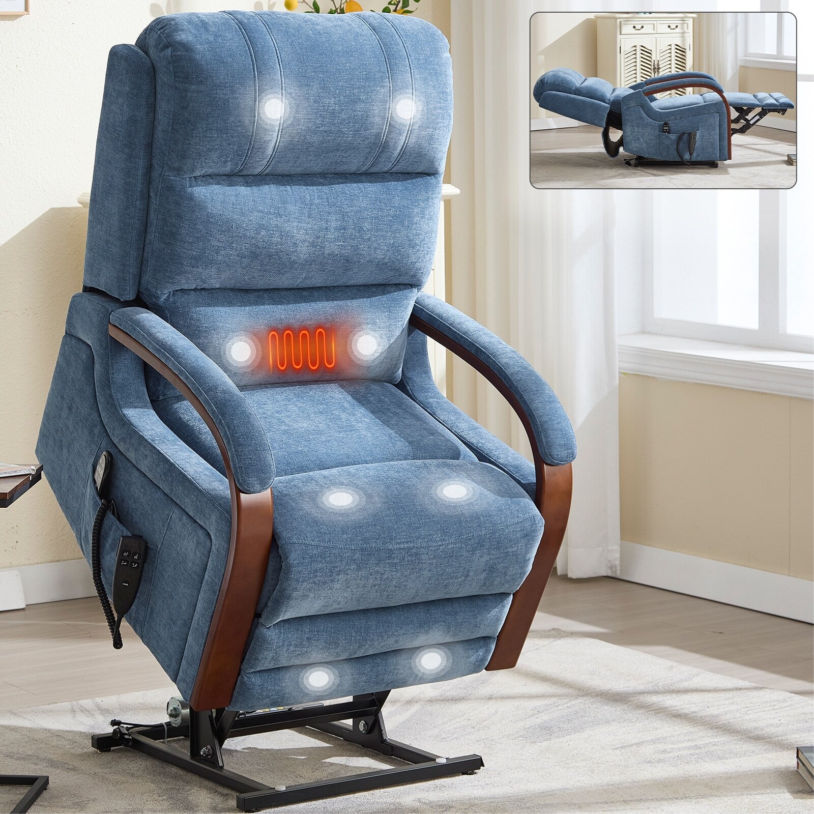 180Â° Power Lift Recliner Chair with Massage & Heat,Solid Wood Armrests